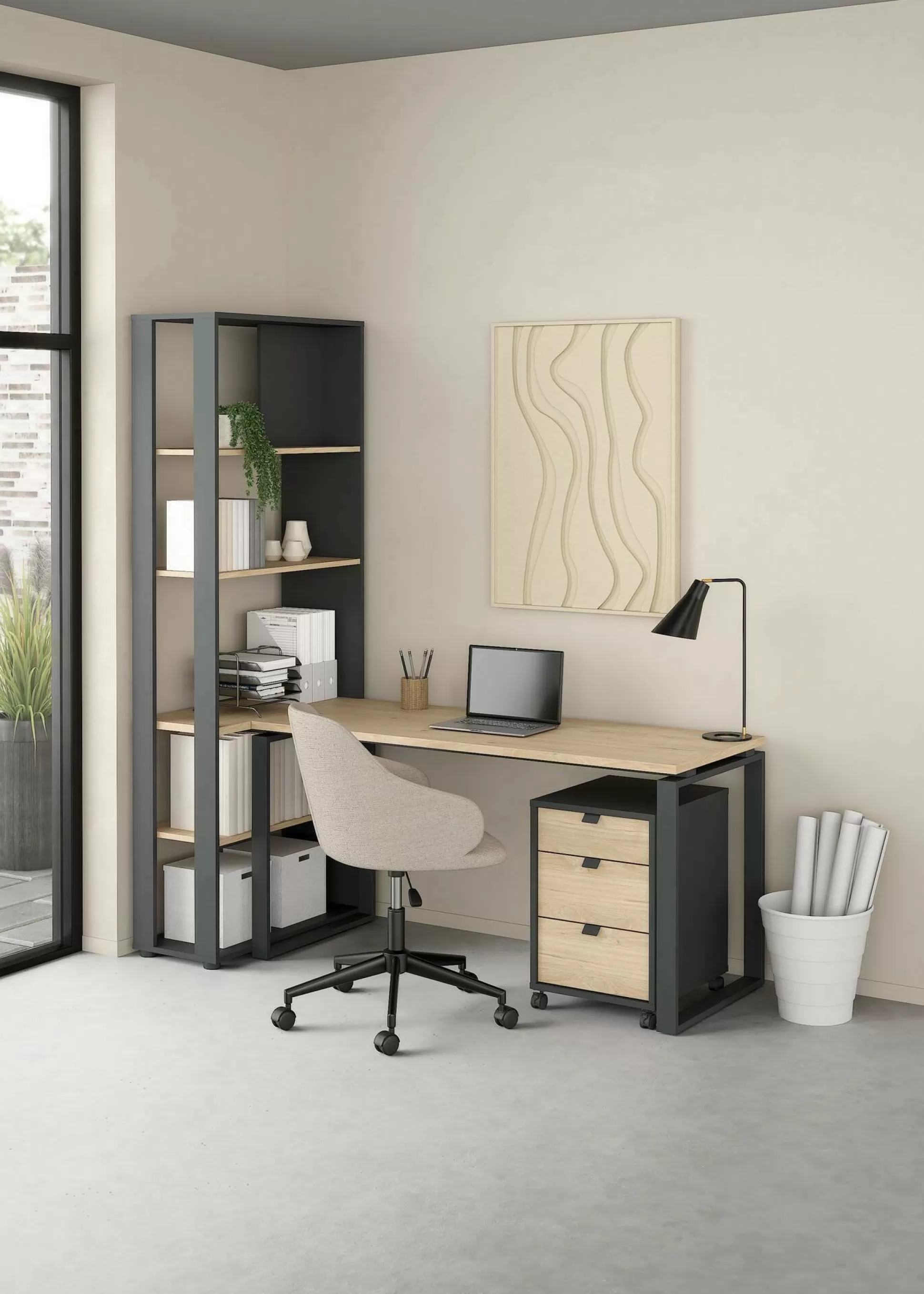 Dmora Scrivanie<Scrivania Etienne, 80x184 h205 cm, Rovere e Grigio