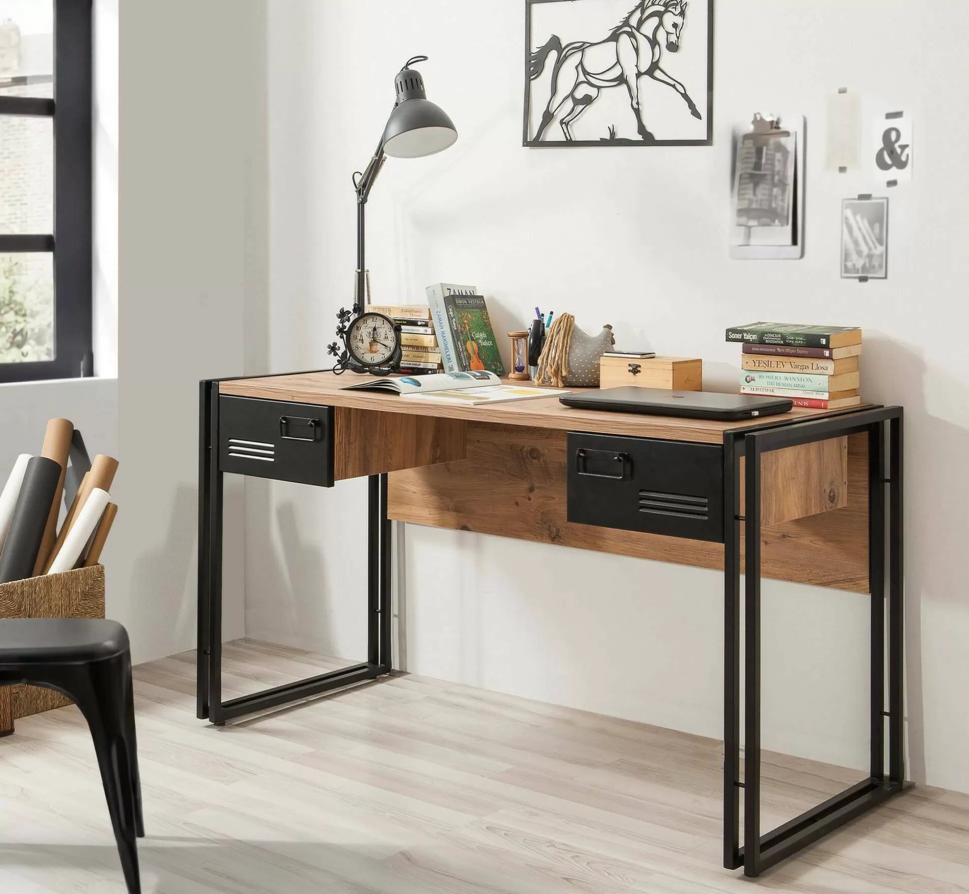 Dmora Scrivanie<Scrivania Grimilde, 139x60h75 cm, Quercia e Nero