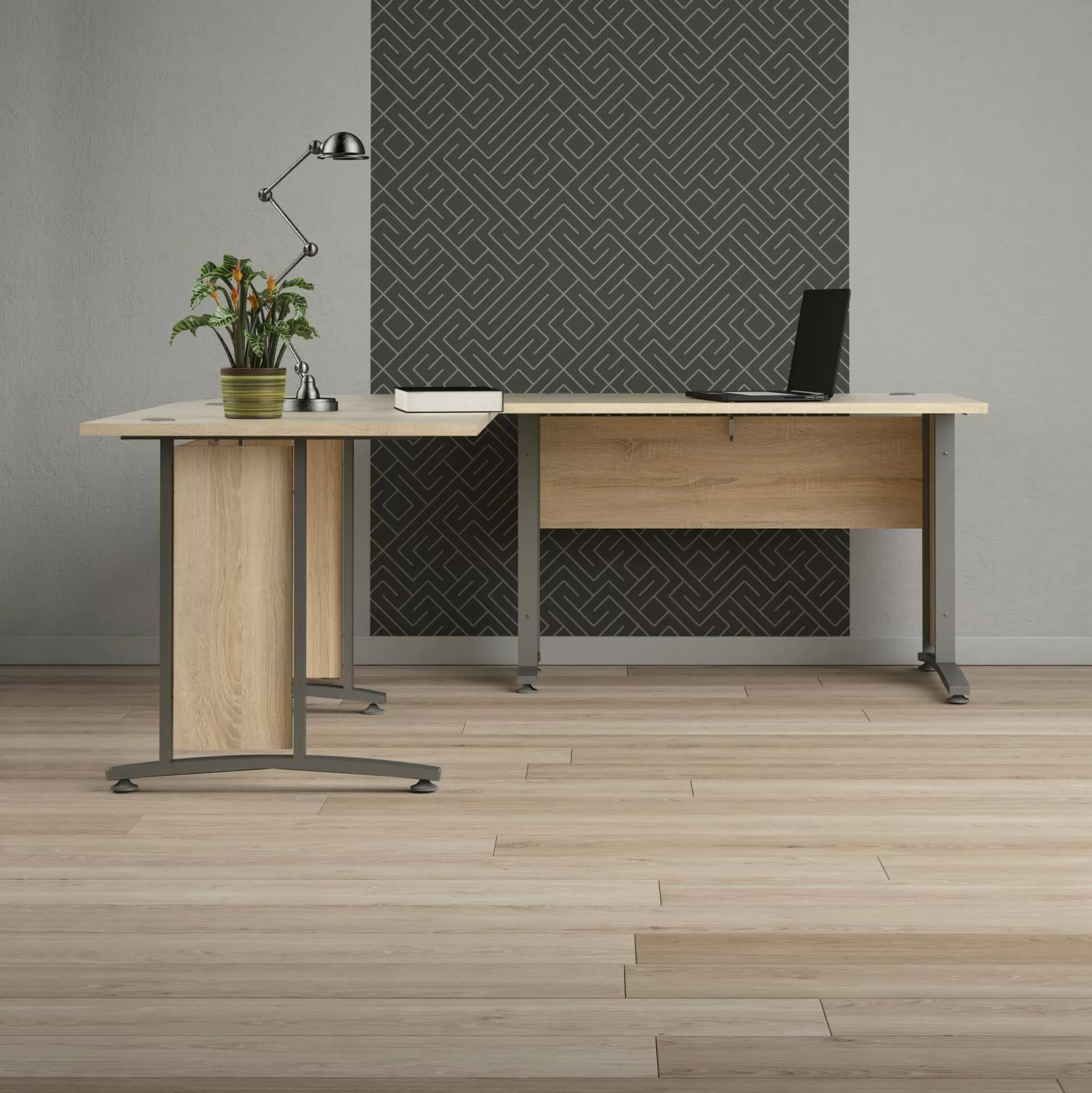 Dmora Scrivanie<Scrivania Heling, 200x200 h75 cm, Grigio e Quercia