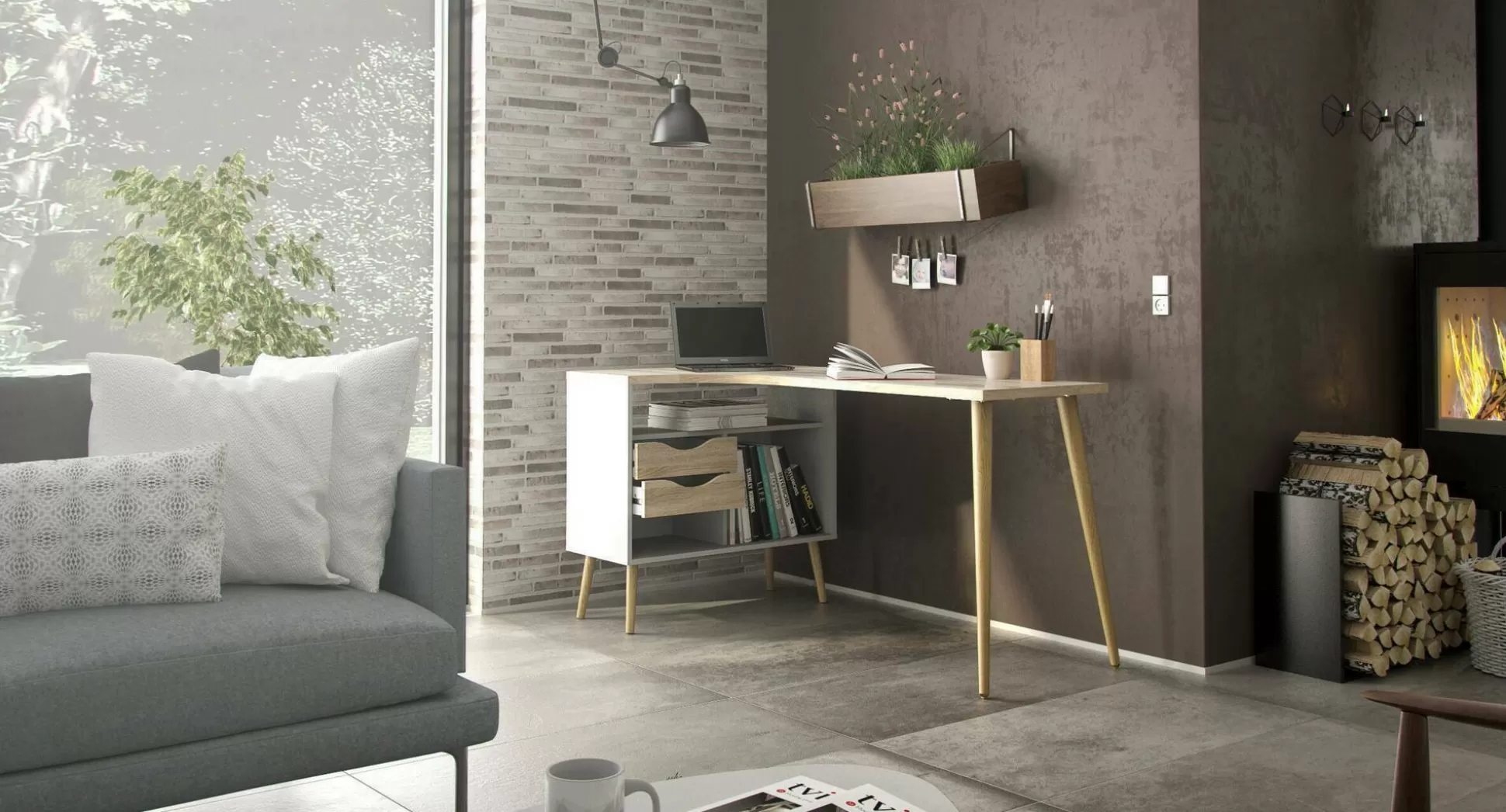 Dmora Scrivanie<Scrivania Katherine, 145x81 h76 cm, Bianco e Quercia