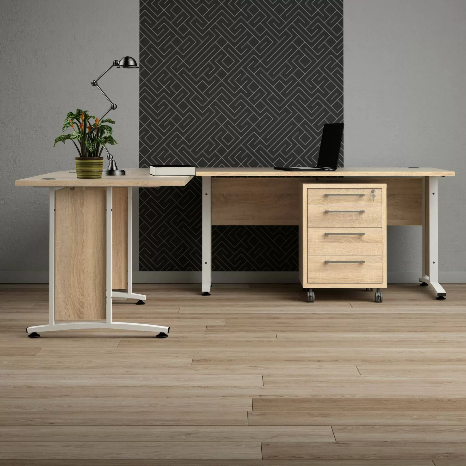 Dmora Scrivanie<Scrivania Megh, 230x200 h75 cm, Quercia e Bianco