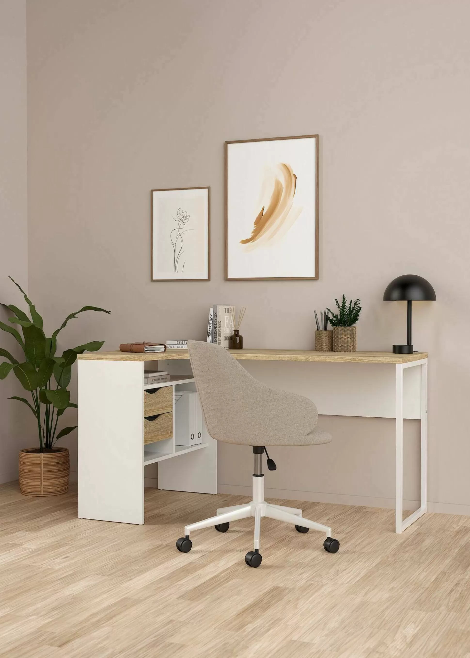 Dmora Scrivanie<Scrivania Moire, 145x81 h77 cm, Bianco e Quercia