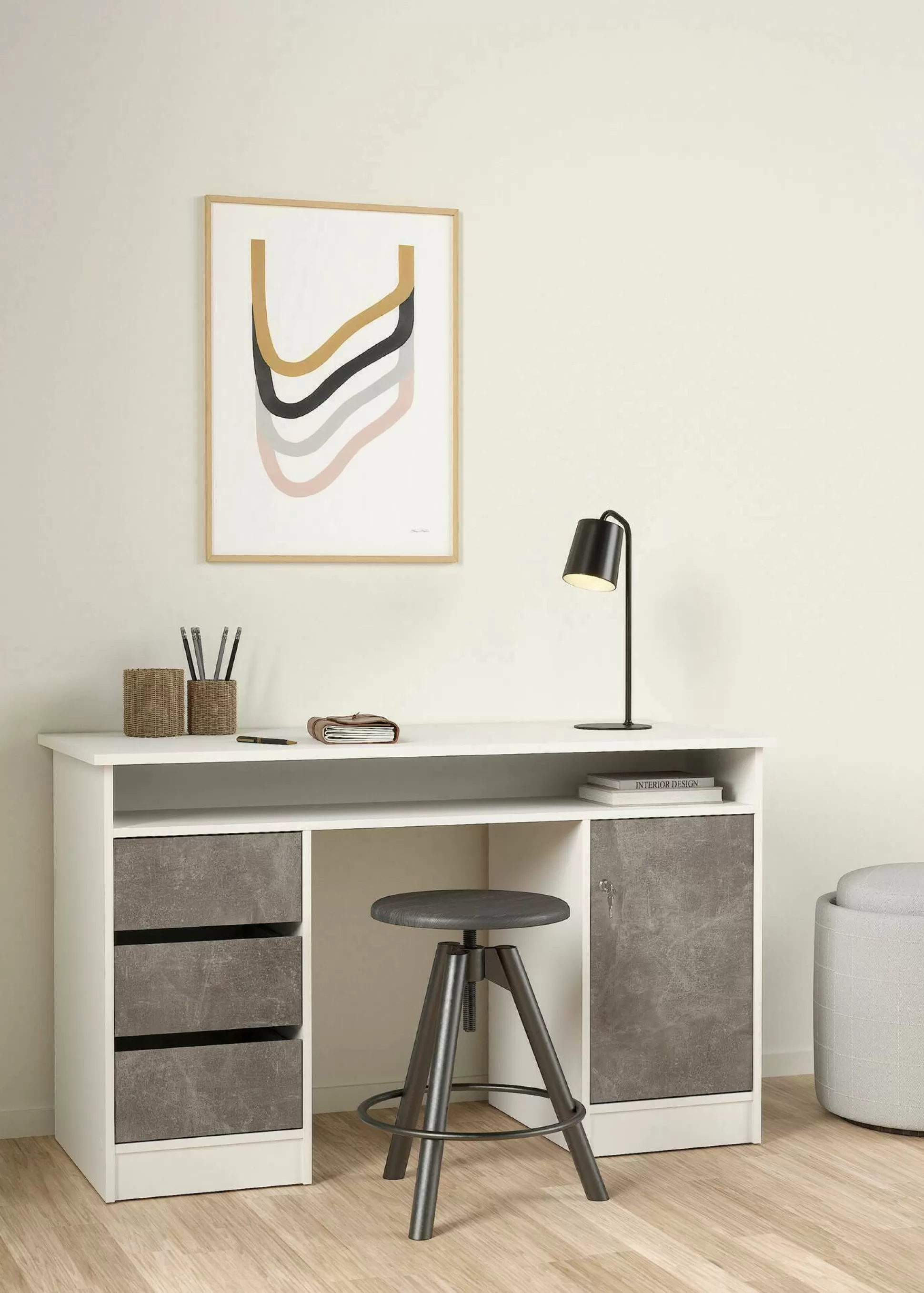 Dmora Scrivanie<Scrivania Shanshan, 55x126 h76 cm, Bianco e Grigio