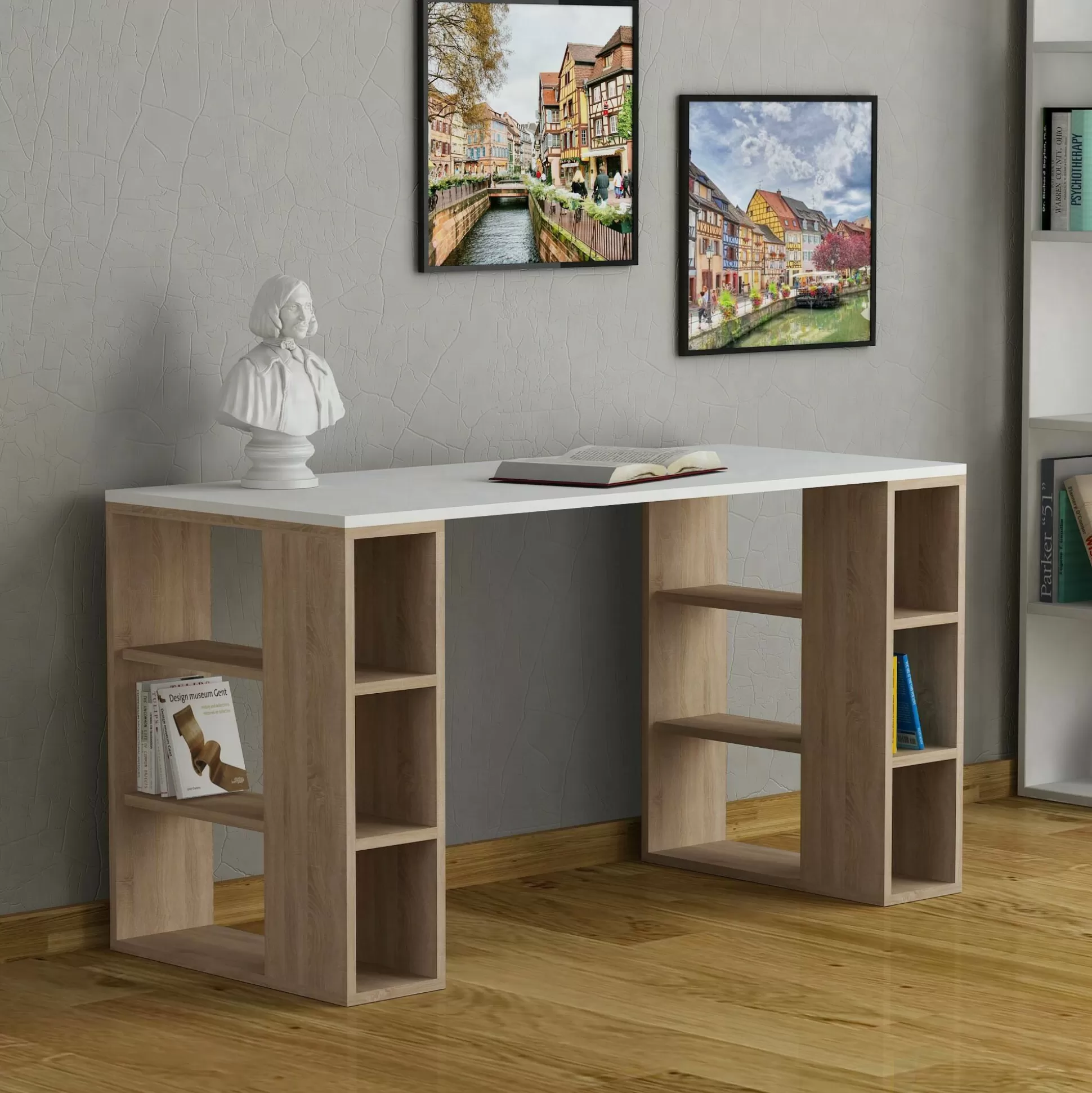 Dmora Scrivanie<Scrivania Sulpice, 140x60 h75 cm, Bianco e Quercia