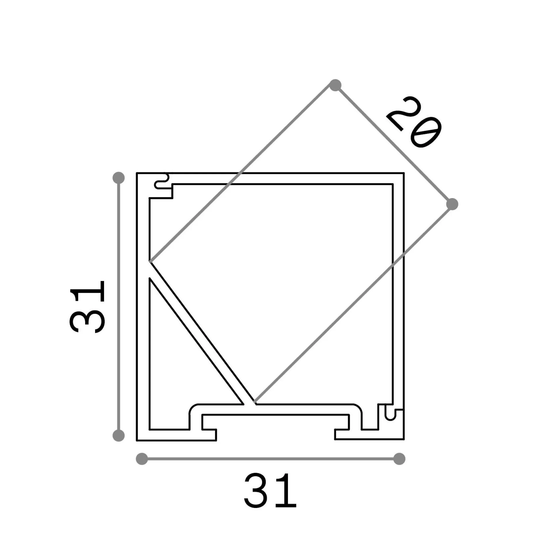 Dmora Striscie Led<Striscia Led SLOT ANG QUADRO D31xD31 3000 mm AL, 300 x 3 x h3 cm,