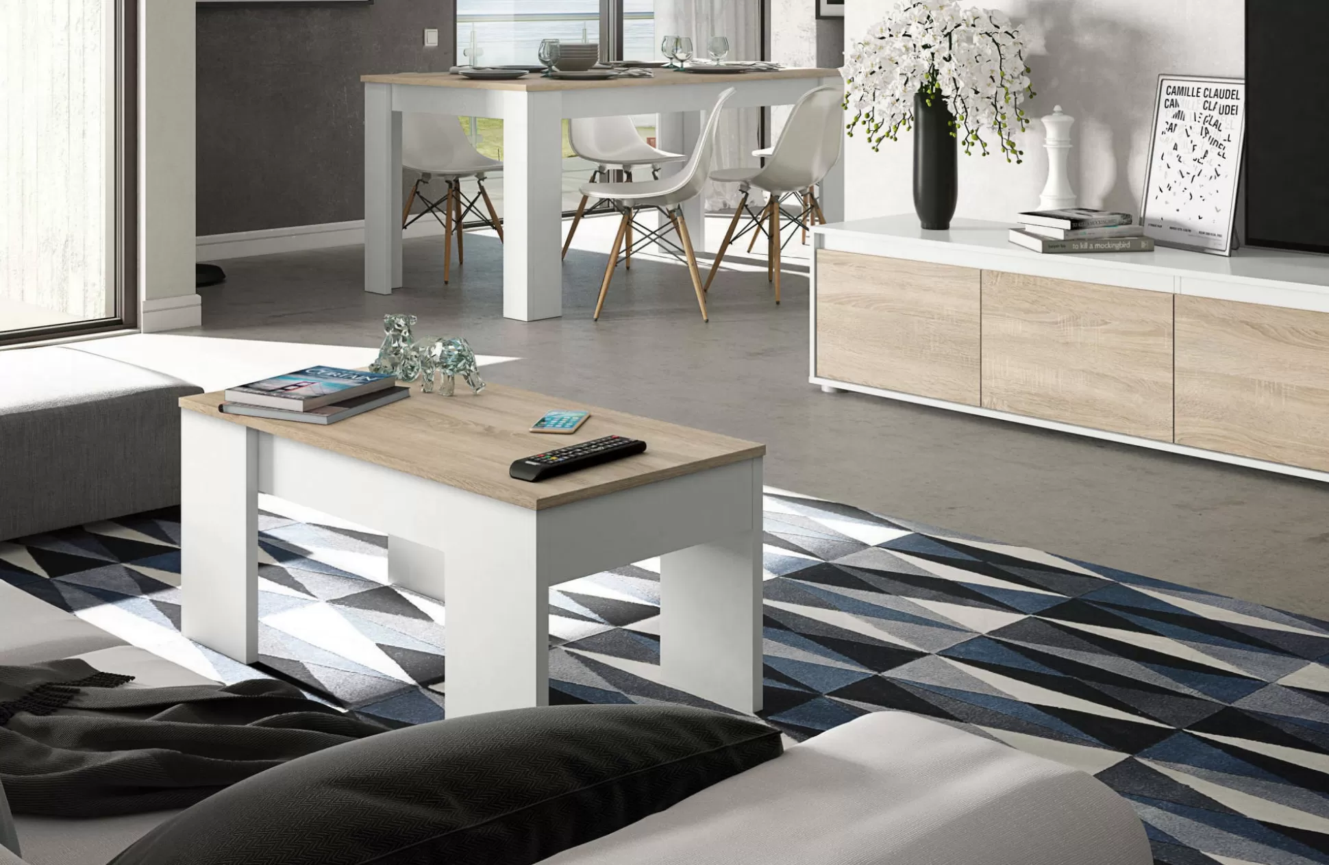 Dmora Tavolini Da Salotto<Tavolino da salotto Almas, 100x50h45/56 cm, Bianco e Rovere