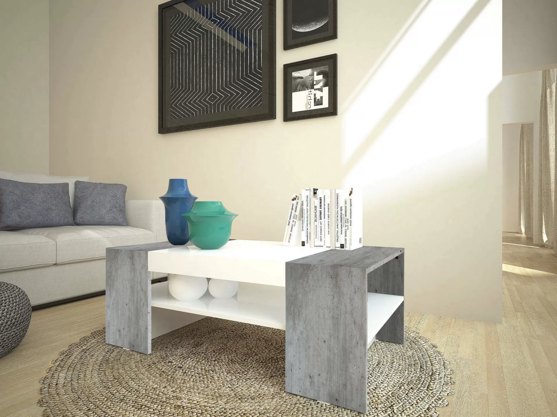 Dmora Tavolini Da Salotto<Tavolino da salotto Ashar, cm 110x60h40, Bianco lucido e Cemento