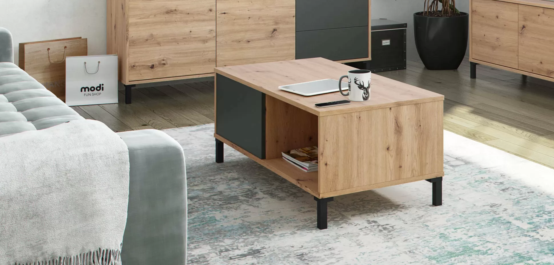 Dmora Tavolini Da Salotto<Tavolino da salotto Axinia, 100x50h40 cm, Rovere nodi e Antracite