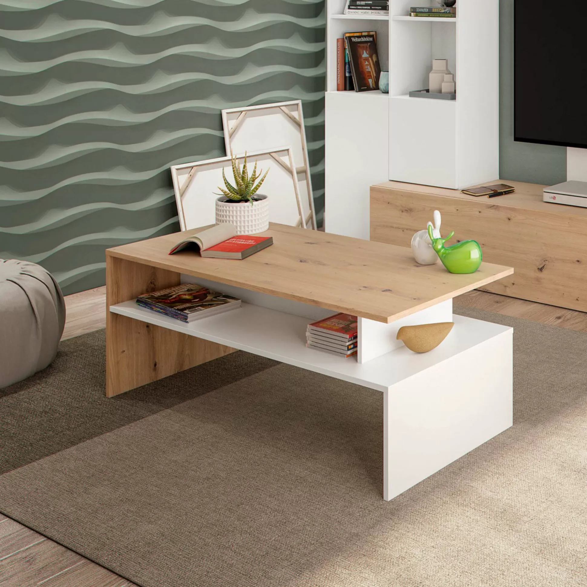 Dmora Tavolini Da Salotto<Tavolino da salotto Bartolomea, 100x50h43 cm, Rovere Nodi e Bianco lucido