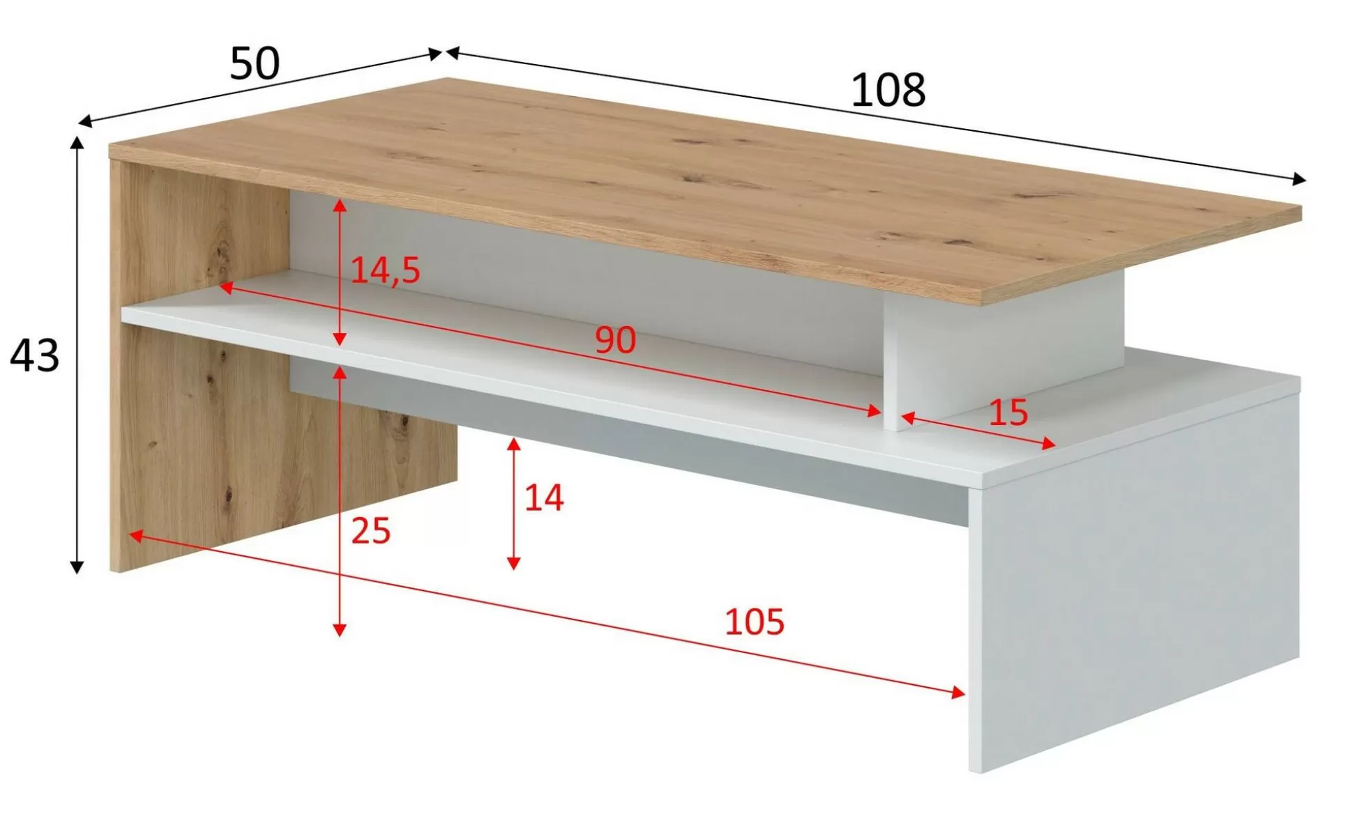 Dmora Tavolini Da Salotto<Tavolino da salotto Bartolomea, 100x50h43 cm, Rovere Nodi e Bianco lucido
