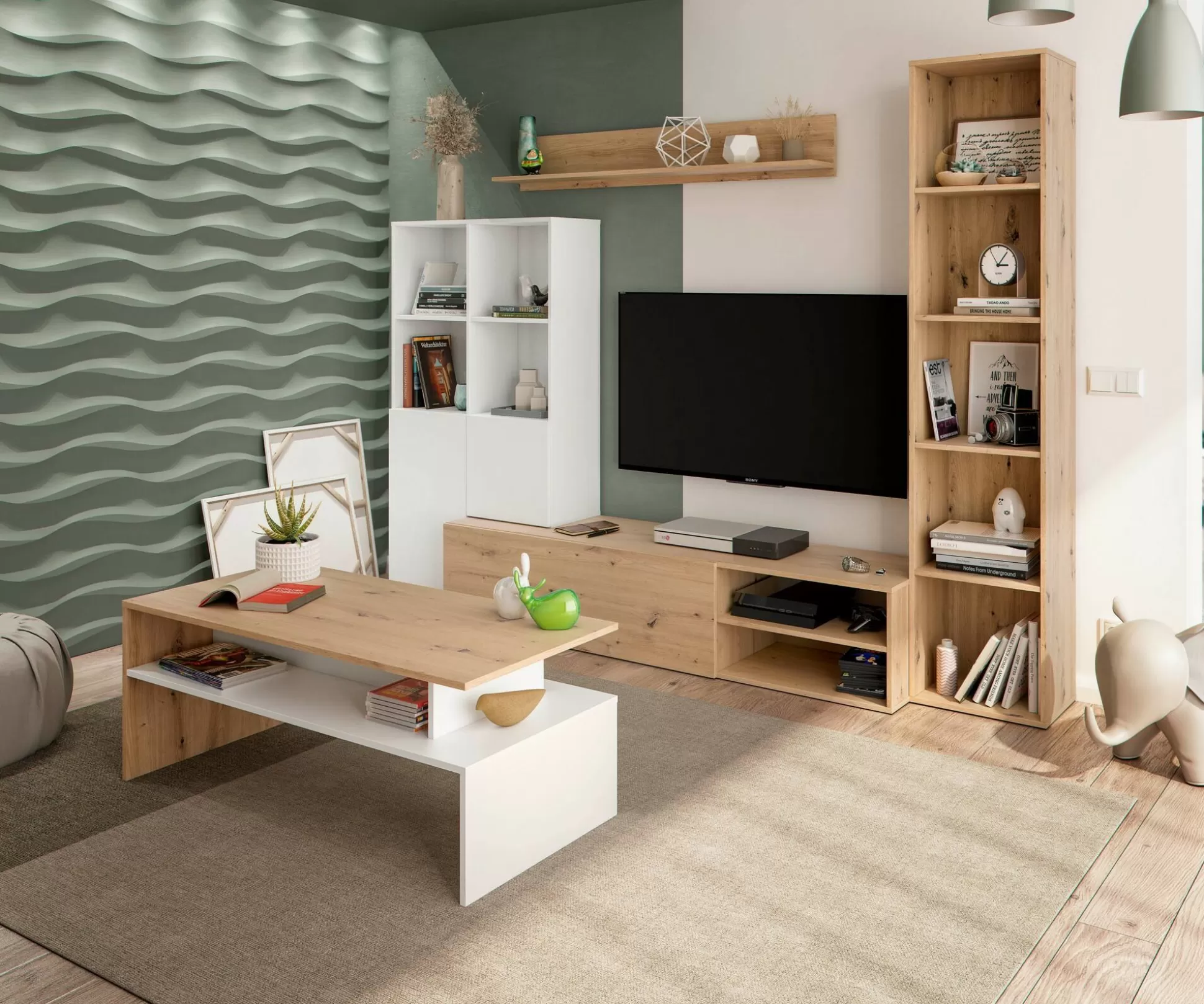 Dmora Tavolini Da Salotto<Tavolino da salotto Bartolomea, 100x50h43 cm, Rovere Nodi e Bianco lucido