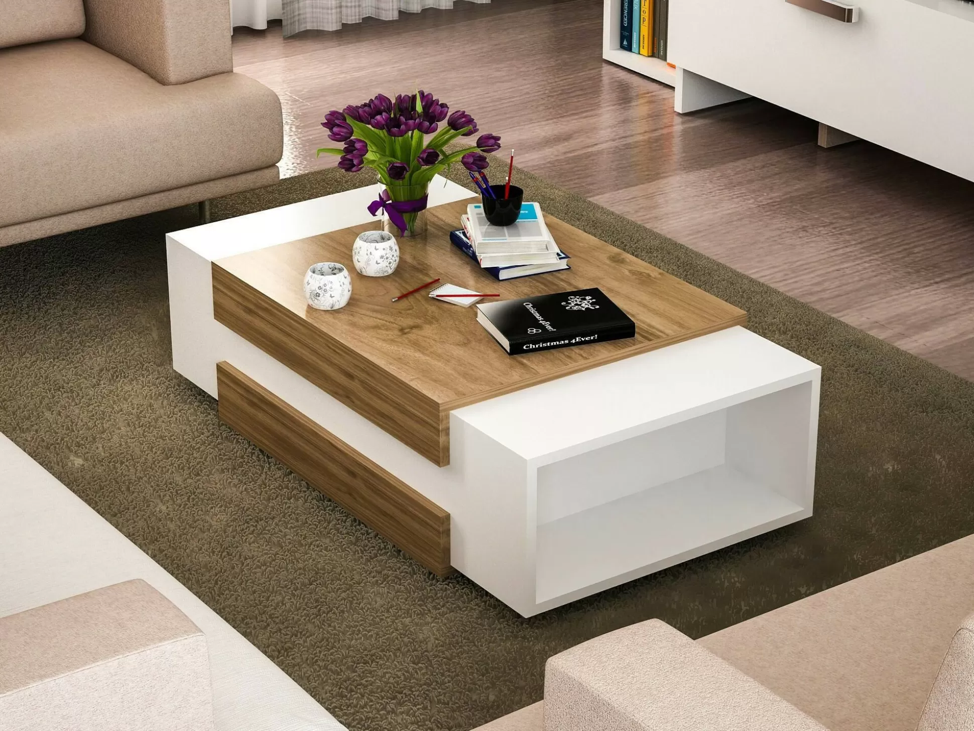 Dmora Tavolini Da Salotto<Tavolino da salotto Corineo, 110x57h31 cm, Bianco e Noce