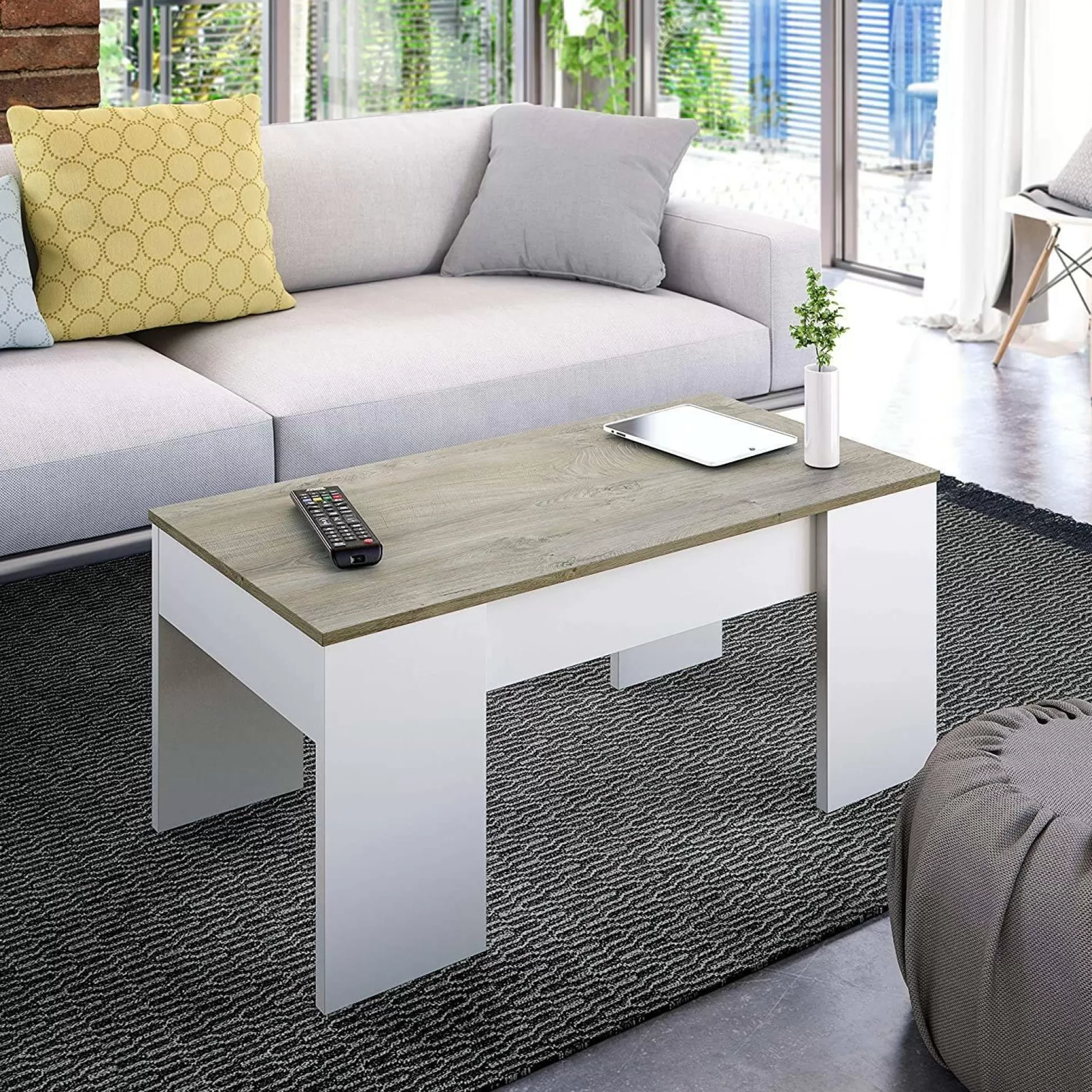 Dmora Tavolini Da Salotto<Tavolino da salotto Dleal, 100x50h45/56 cm, Bianco e Rovere Nodi