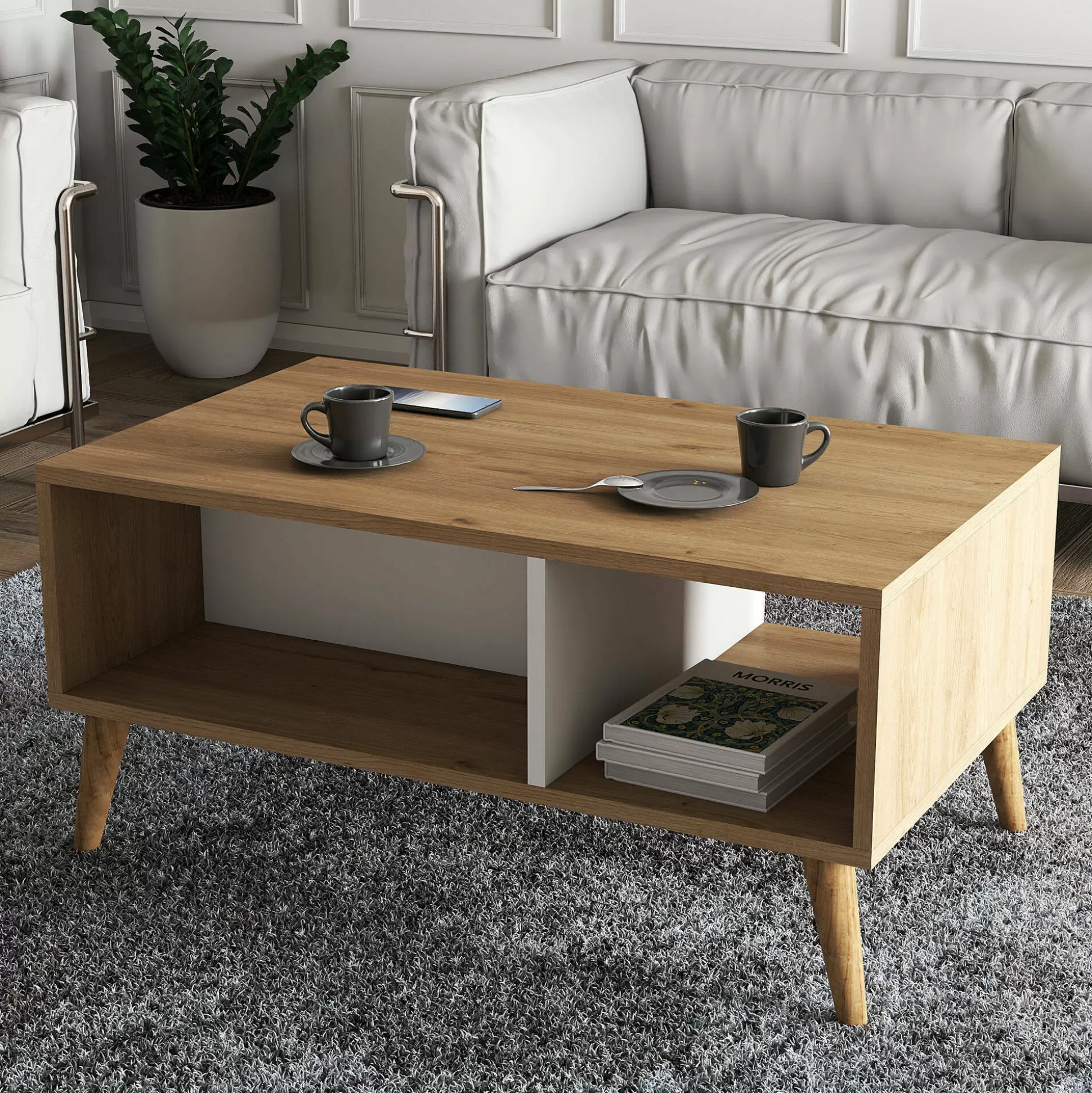 Dmora Tavolini Da Salotto<Tavolino da salotto Dnapolitan, 90x42 h54 cm, Quercia e Bianco