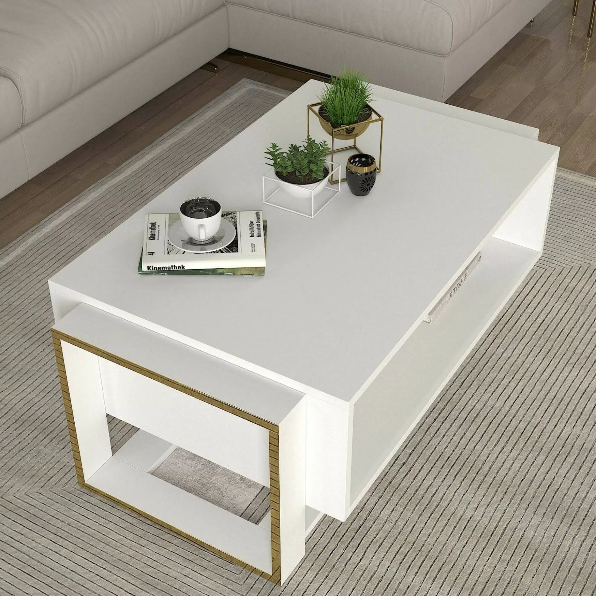 Dmora Tavolini Da Salotto<Tavolino da salotto Gigliola, 106x60h40 cm, Bianco e Oro