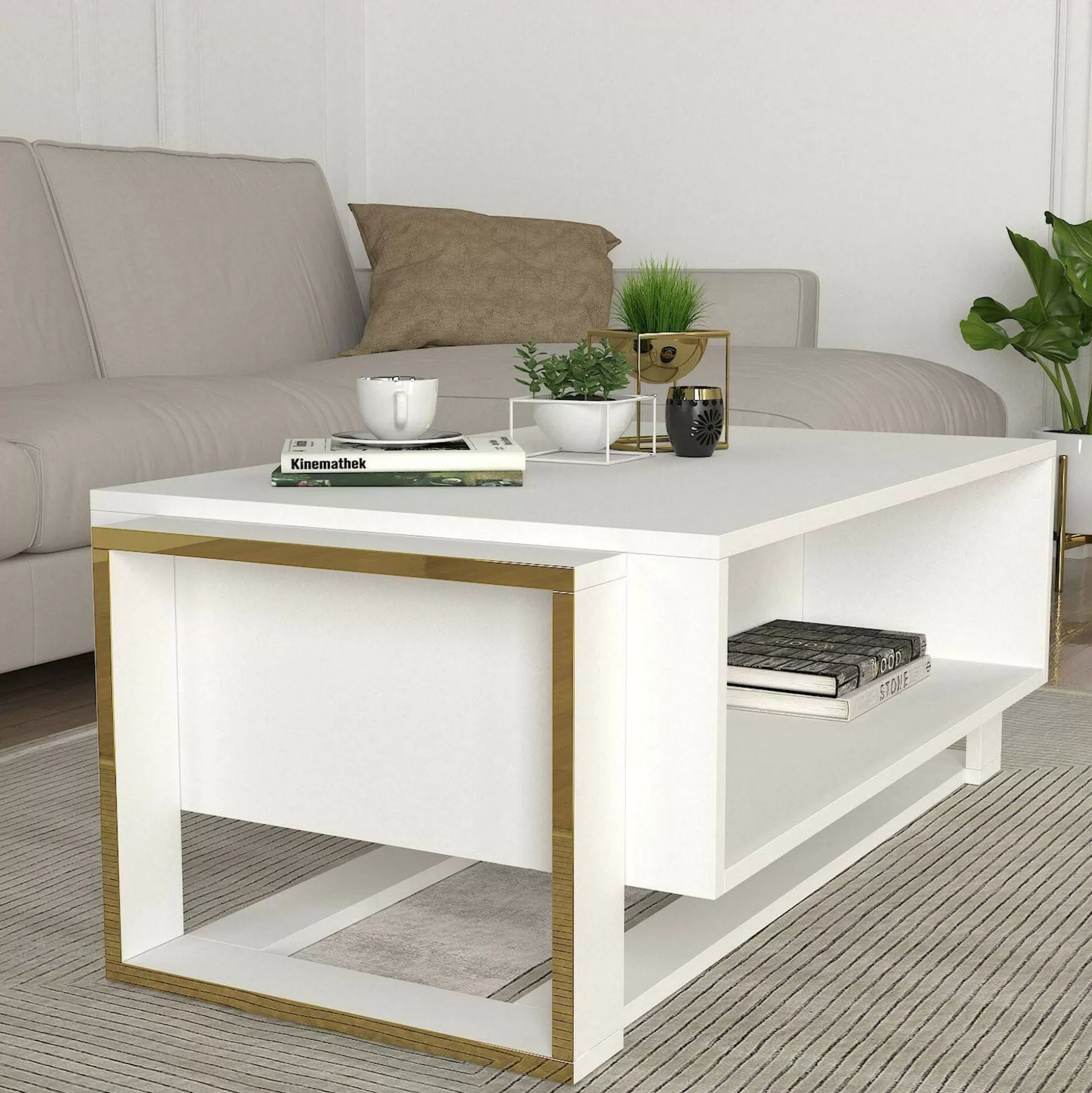 Dmora Tavolini Da Salotto<Tavolino da salotto Gigliola, 106x60h40 cm, Bianco e Oro