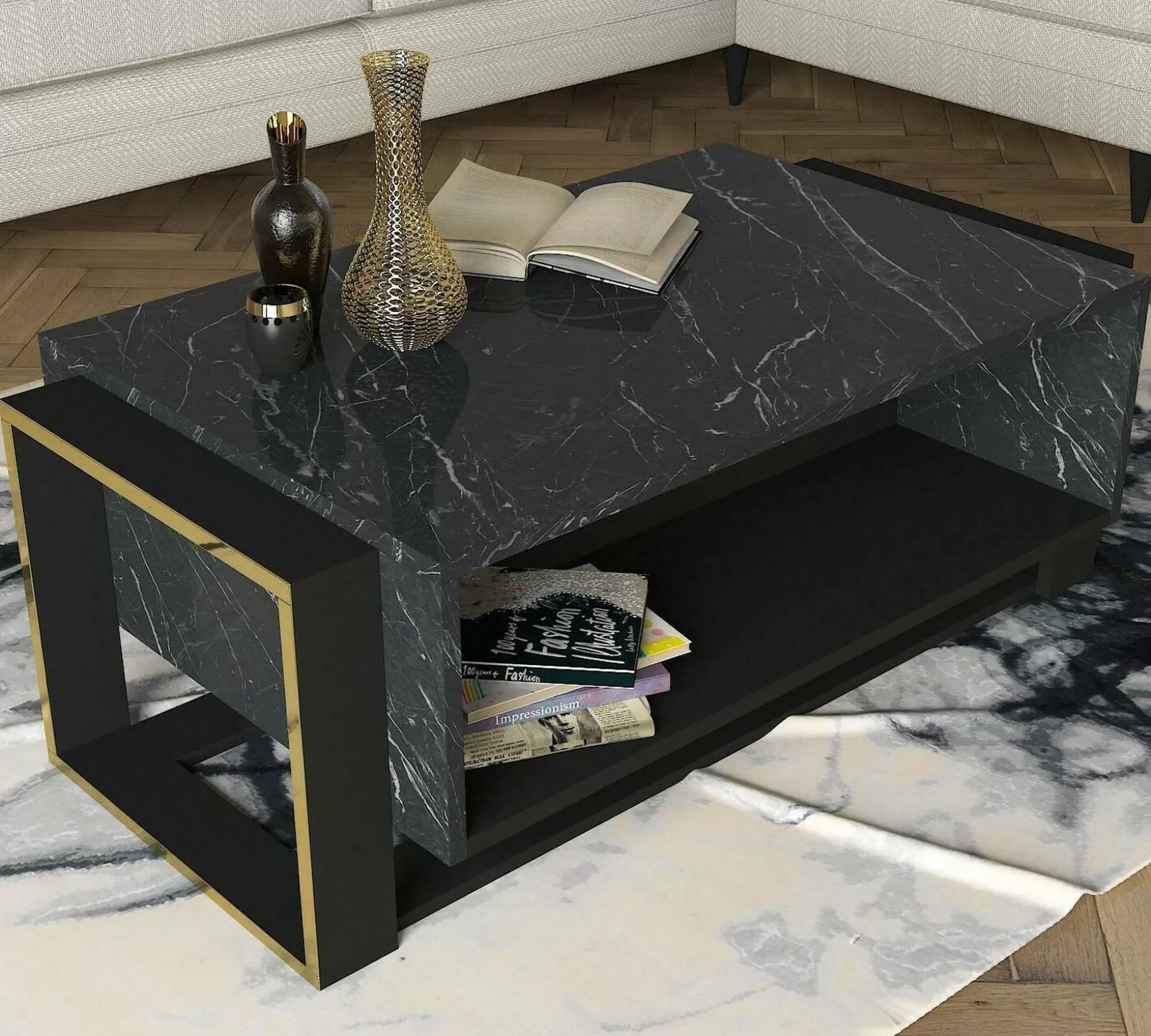 Dmora Tavolini Da Salotto<Tavolino da salotto Gigliola, 106x60h40 cm, Nero e Oro