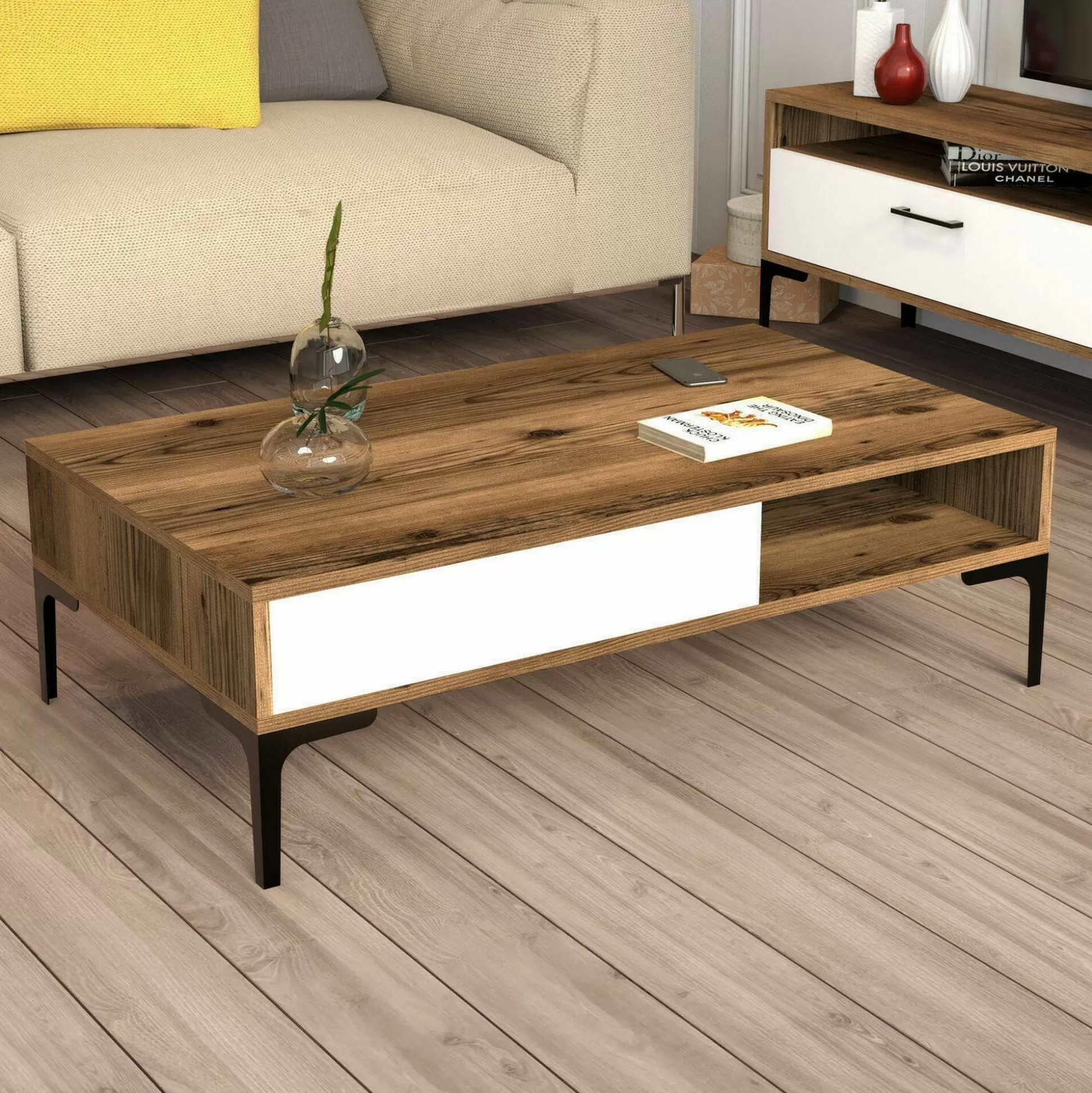 Dmora Tavolini Da Salotto<Tavolino da salotto Gru, 105x60h33 cm, Noce e Bianco