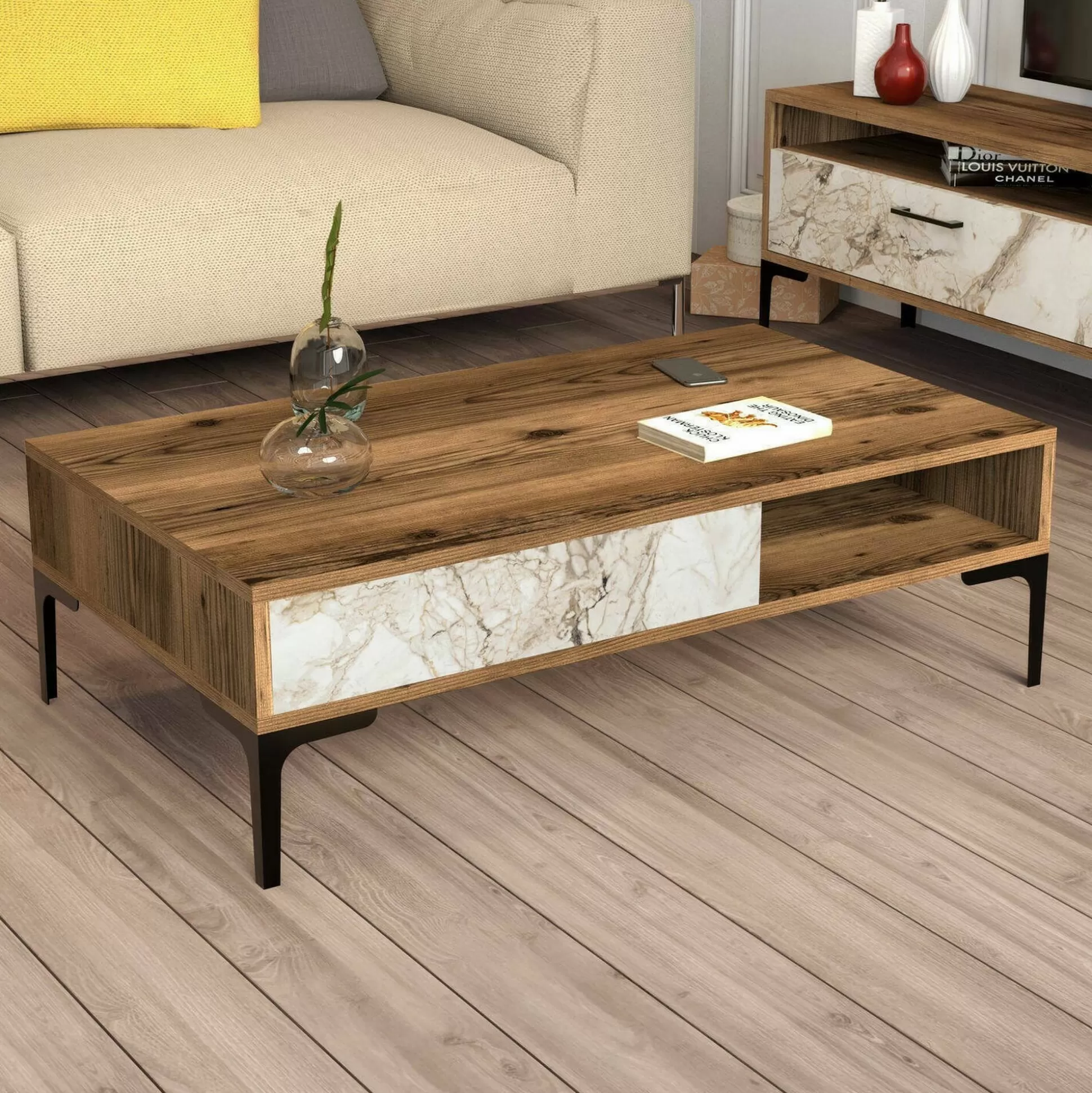 Dmora Tavolini Da Salotto<Tavolino da salotto Gru, 105x60h33 cm, Noce e Bianco