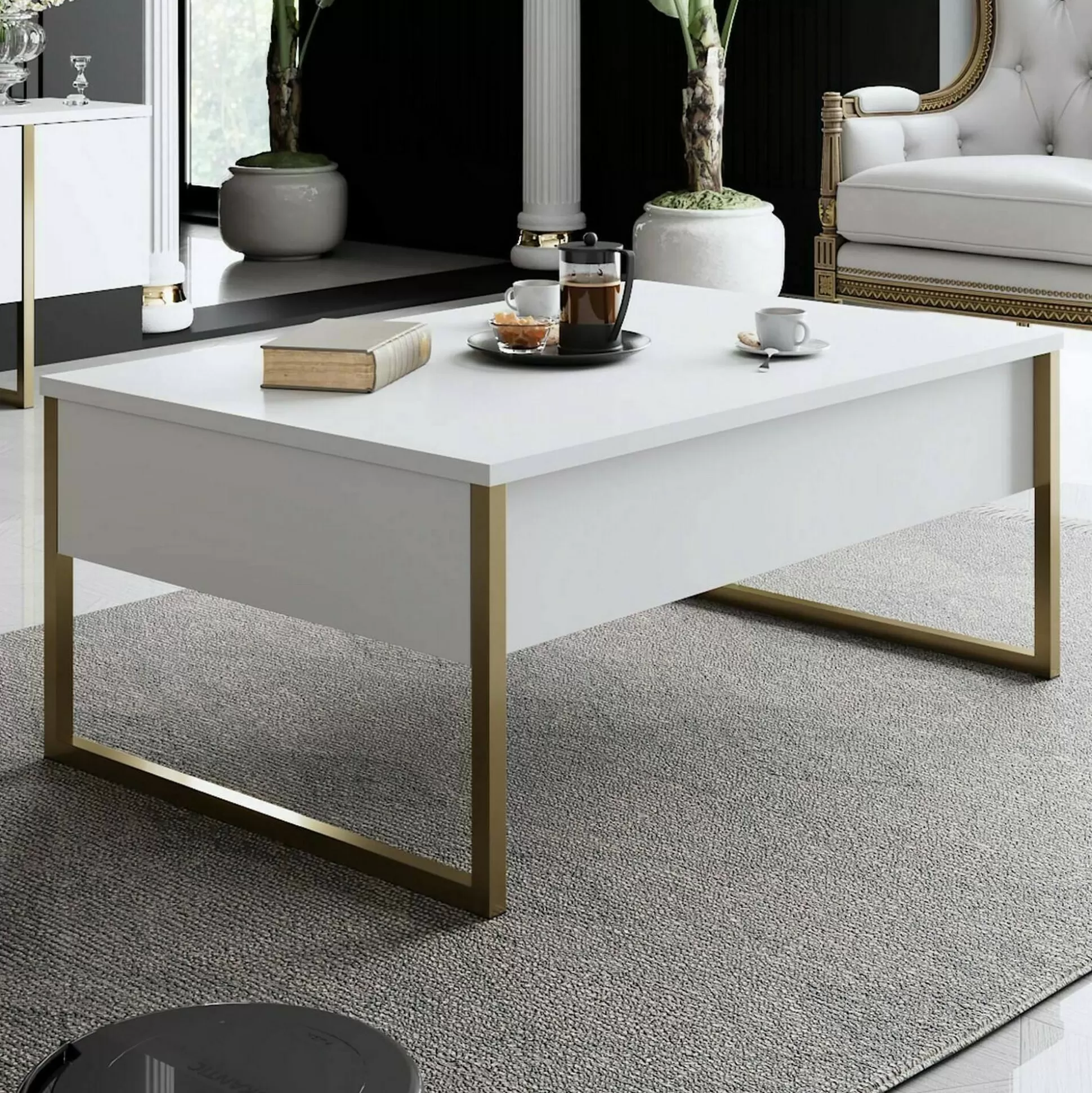 Dmora Tavolini Da Salotto<Tavolino da salotto Lavinia, 90x60h40 cm, Bianco e Oro