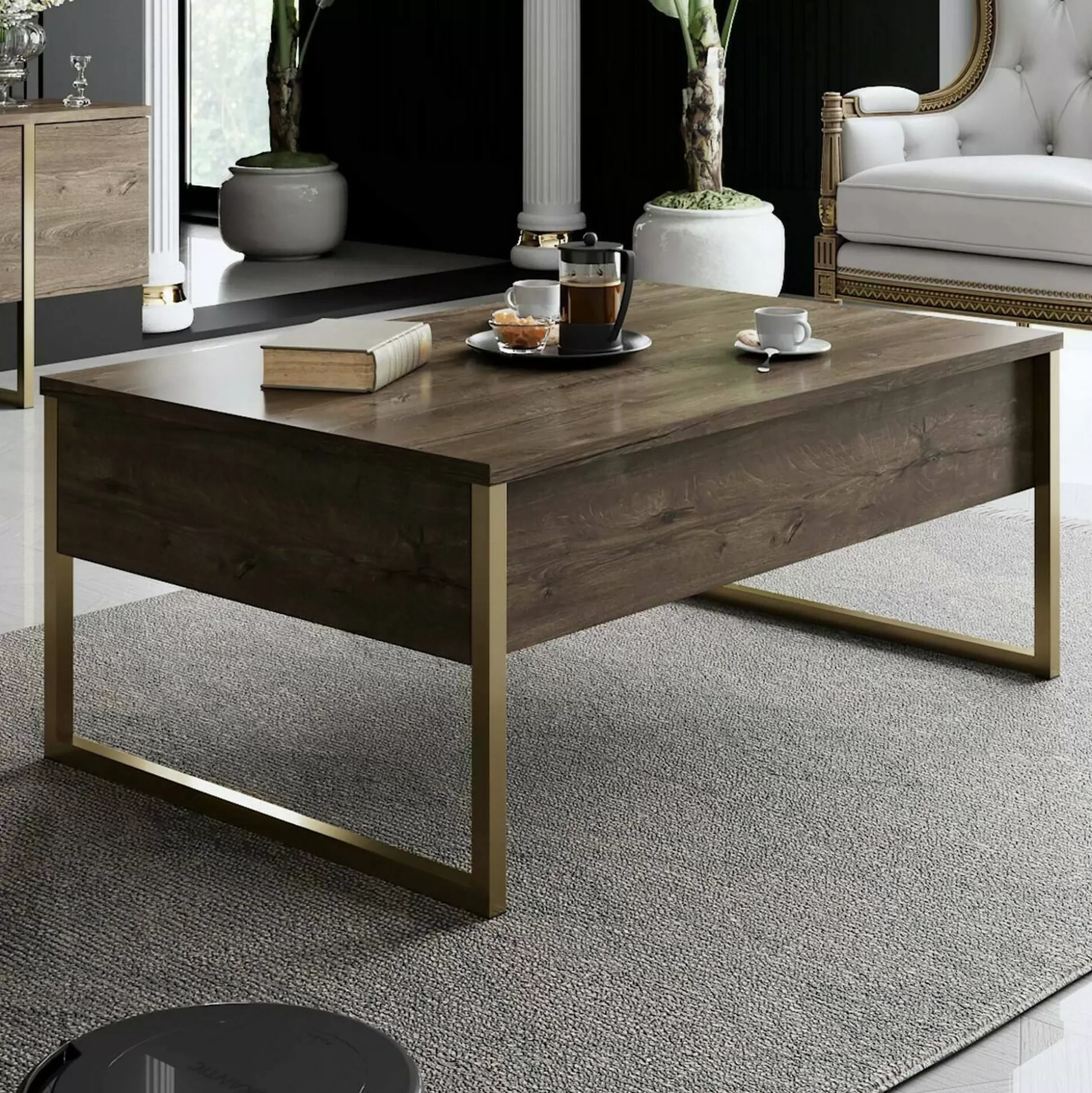 Dmora Tavolini Da Salotto<Tavolino da salotto Lavinia, 90x60h40 cm, Noce e Oro