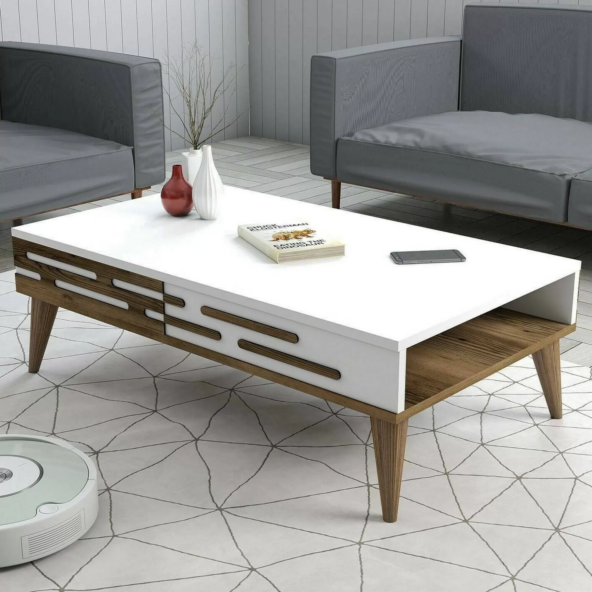 Dmora Tavolini Da Salotto<Tavolino da salotto Mansuk, 105x35h60 cm, Noce e Bianco