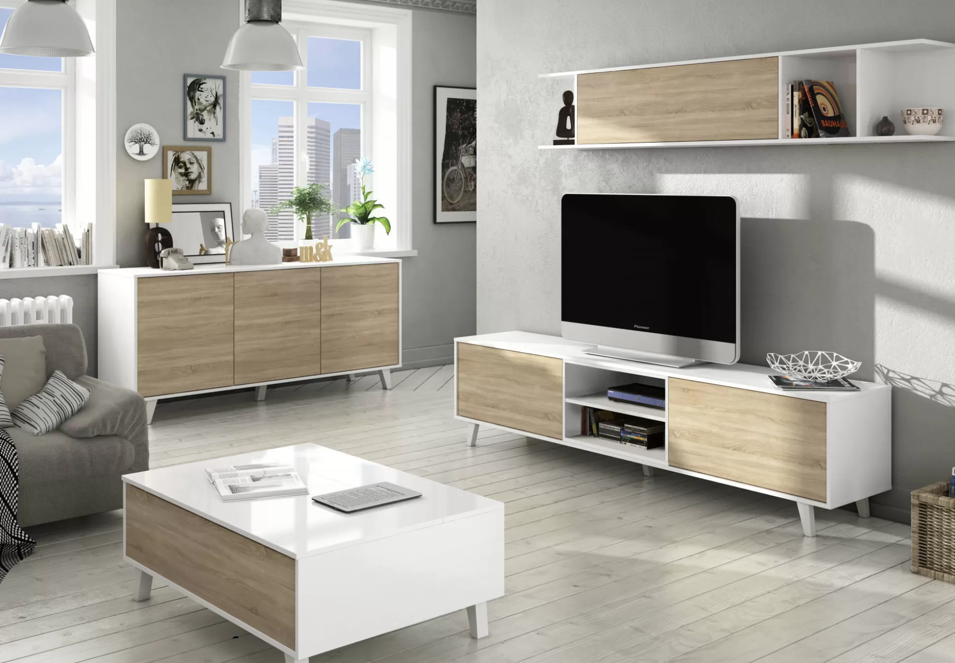 Dmora Tavolini Da Salotto<Tavolino da salotto Parche, 100x68h38 cm, Bianco lucido e Rovere