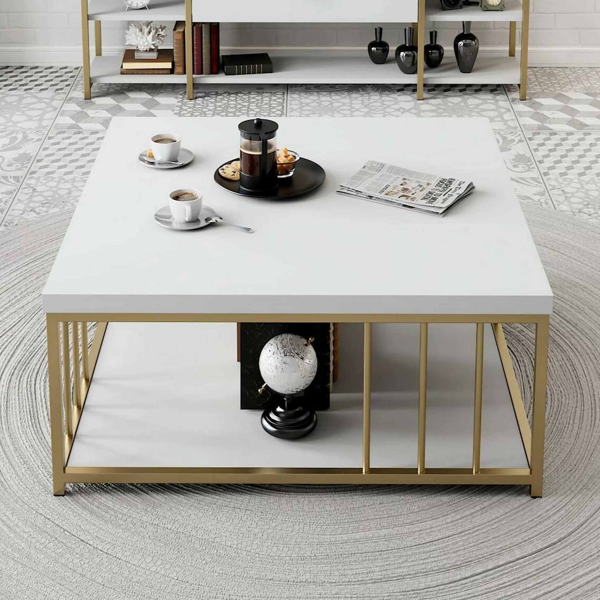 Dmora Tavolini Da Salotto<Tavolino da salotto Raiden, 90x39h40 cm, Bianco e Oro