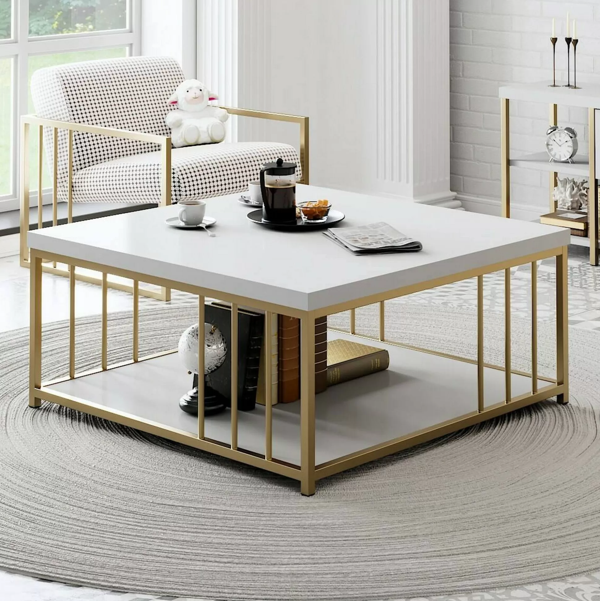 Dmora Tavolini Da Salotto<Tavolino da salotto Raiden, 90x39h40 cm, Bianco e Oro