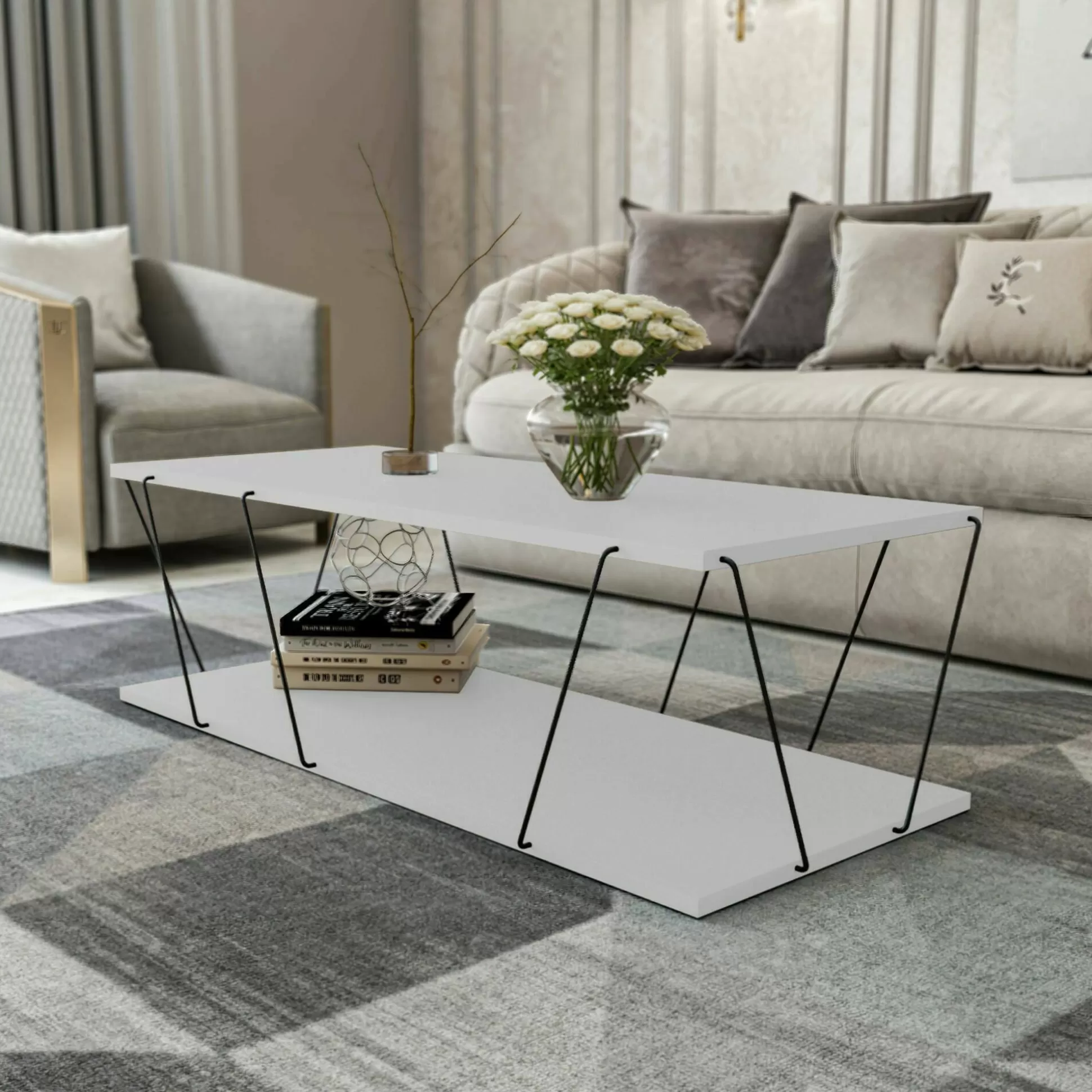 Dmora Tavolini Da Salotto<Tavolino da salotto Sarika, 120x50h30 cm, Bianco e Nero