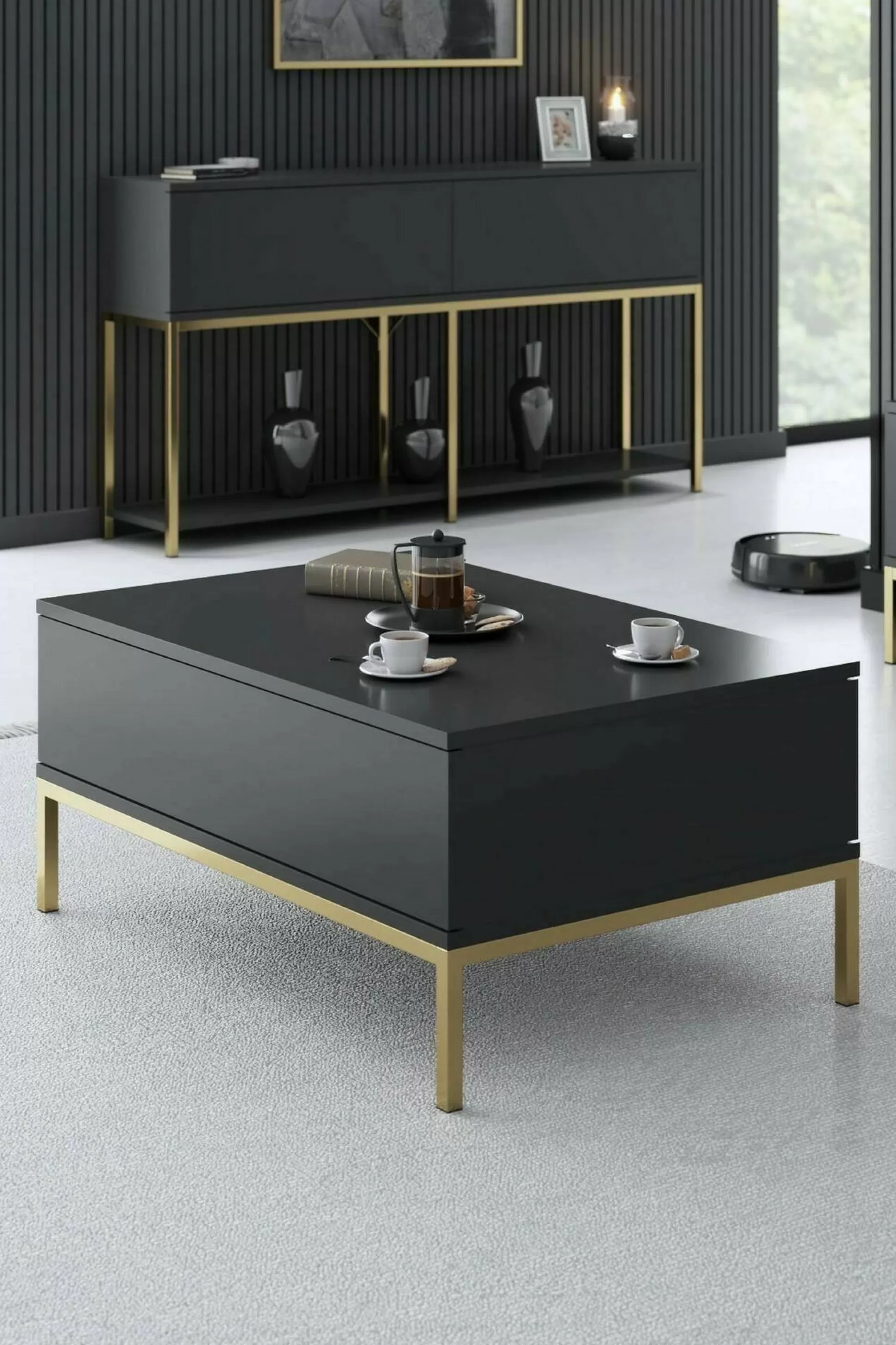 Dmora Tavolini Da Salotto<Tavolino da salotto Vespero, 90x60h40 cm, Antracite e Oro