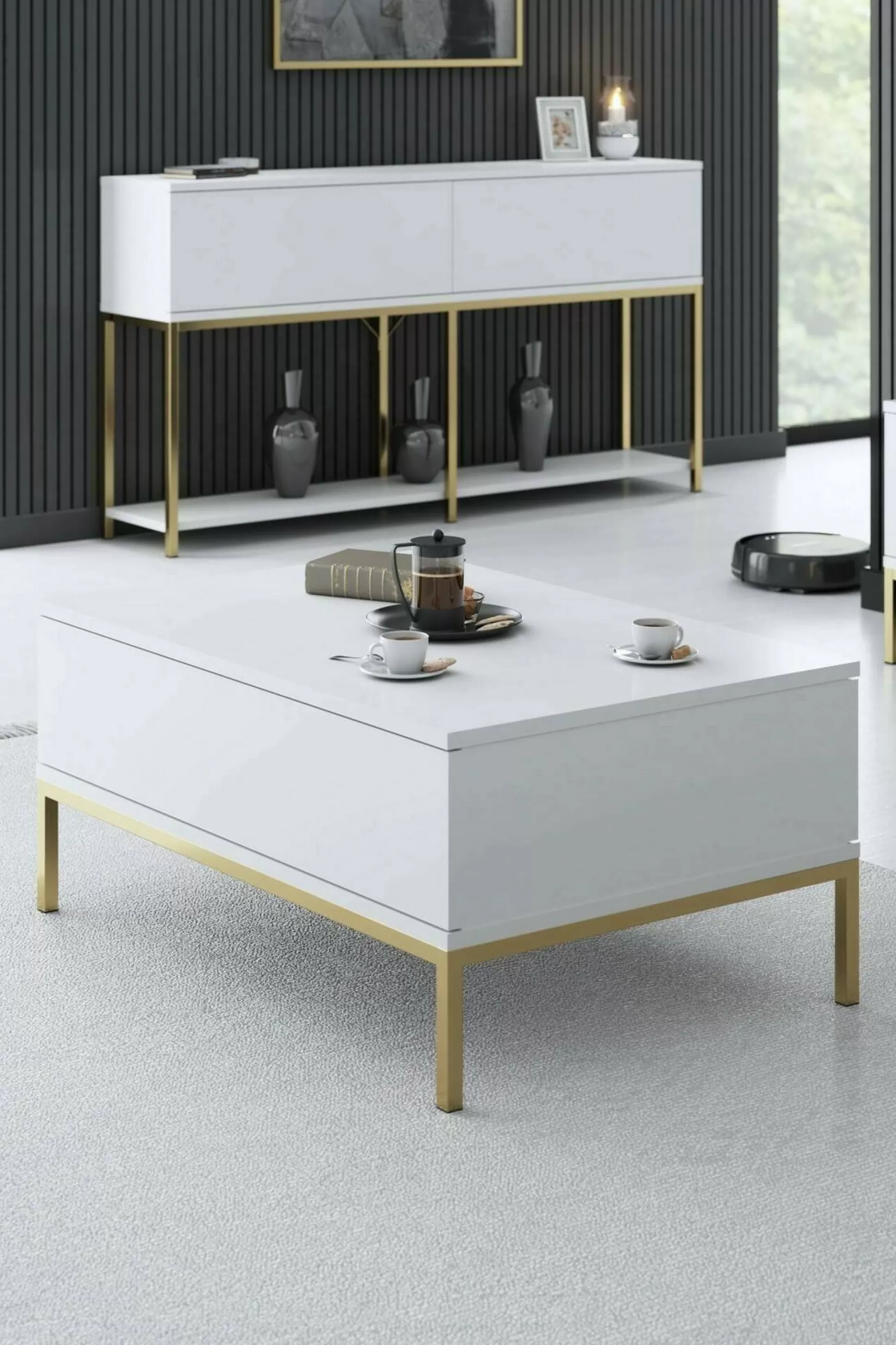 Dmora Tavolini Da Salotto<Tavolino da salotto Vespero, 90x60h40 cm, Bianco e Oro