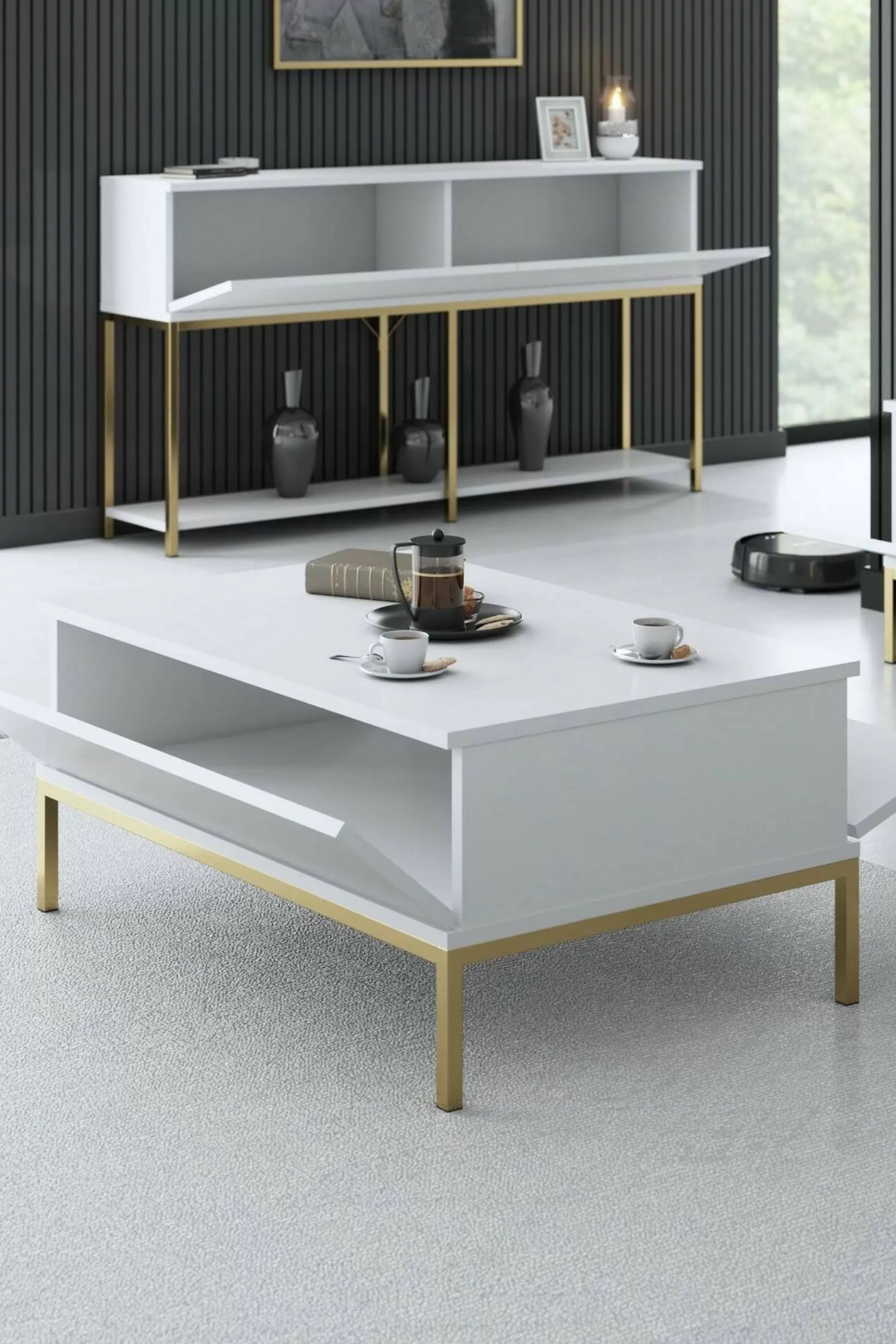 Dmora Tavolini Da Salotto<Tavolino da salotto Vespero, 90x60h40 cm, Bianco e Oro