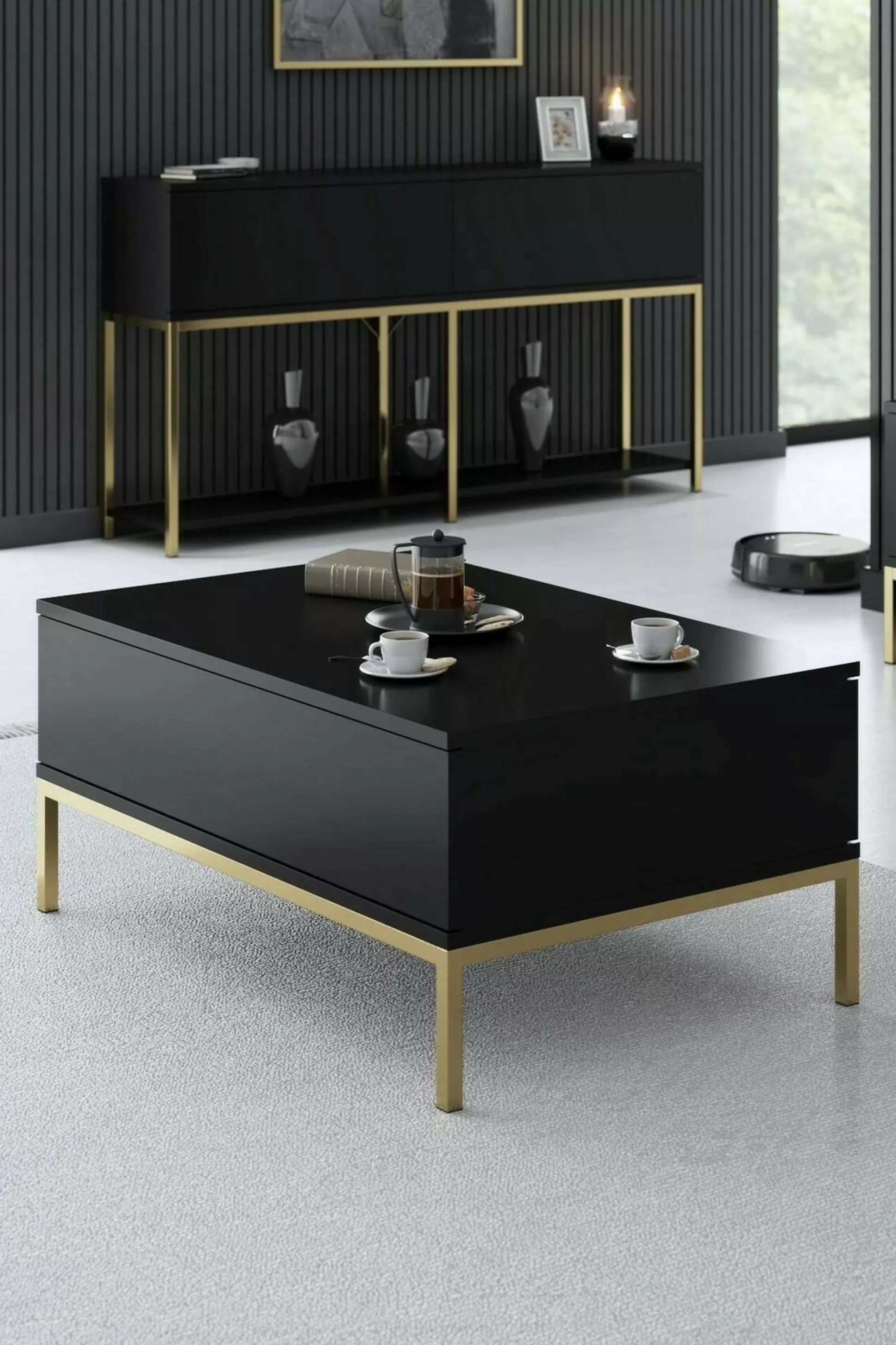 Dmora Tavolini Da Salotto<Tavolino da salotto Vespero, 90x60h40 cm, Nero e Oro