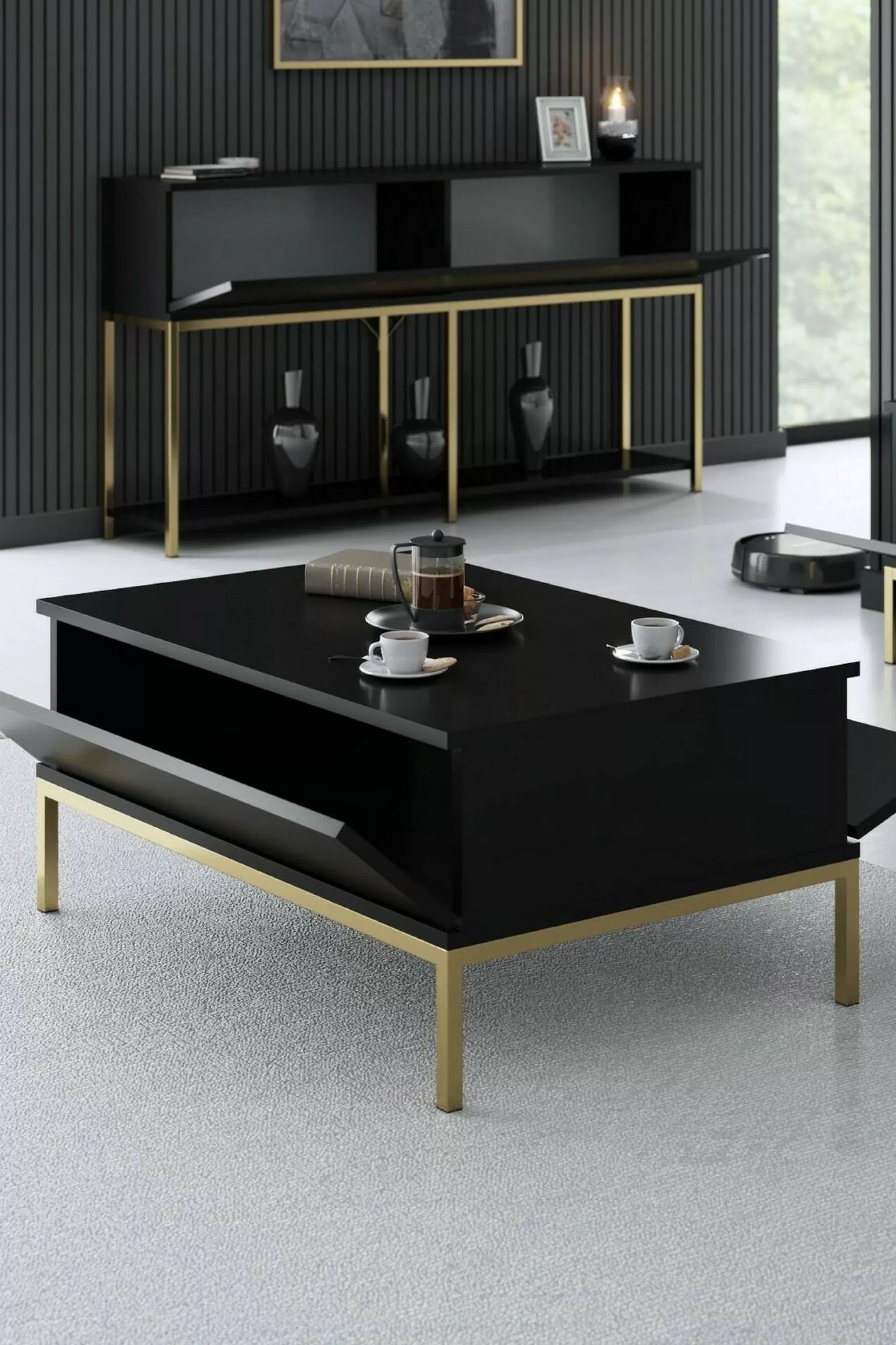 Dmora Tavolini Da Salotto<Tavolino da salotto Vespero, 90x60h40 cm, Nero e Oro