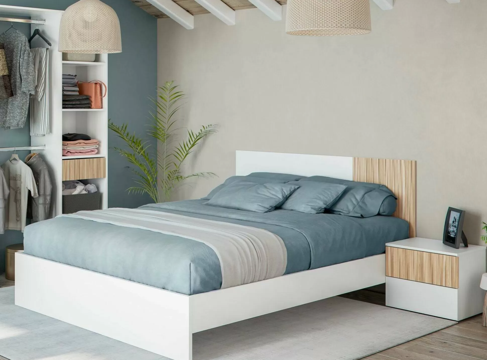 Dmora Letti Matrimoniali<Testiera letto Armony, 266x34h89 cm, Bianco e Rovere