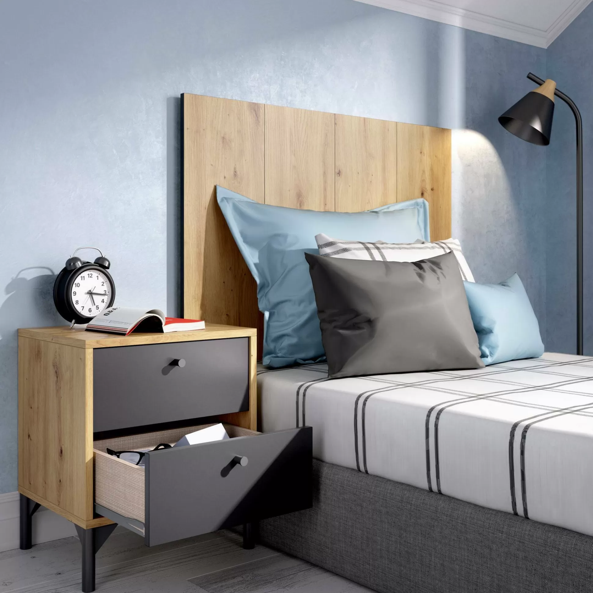 Dmora Letti Singoli<Testiera letto Lily, 99x3h61 cm, Rovere e Antracite