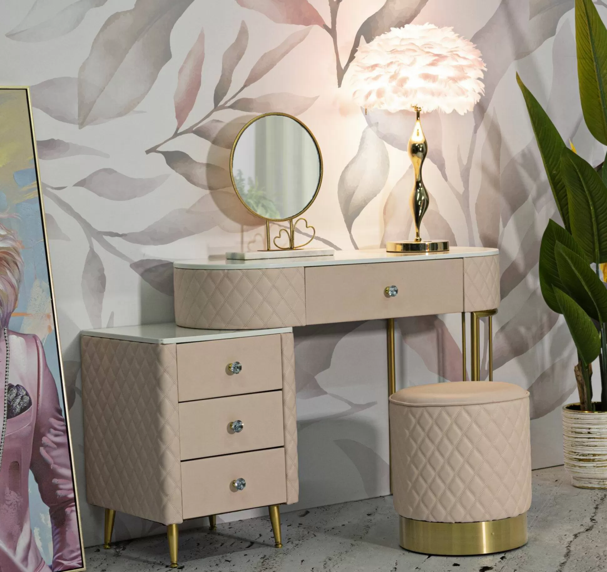 Dmora Consolle<Toeletta Guidobono, 120x40 h75 cm, Rosa e Oro