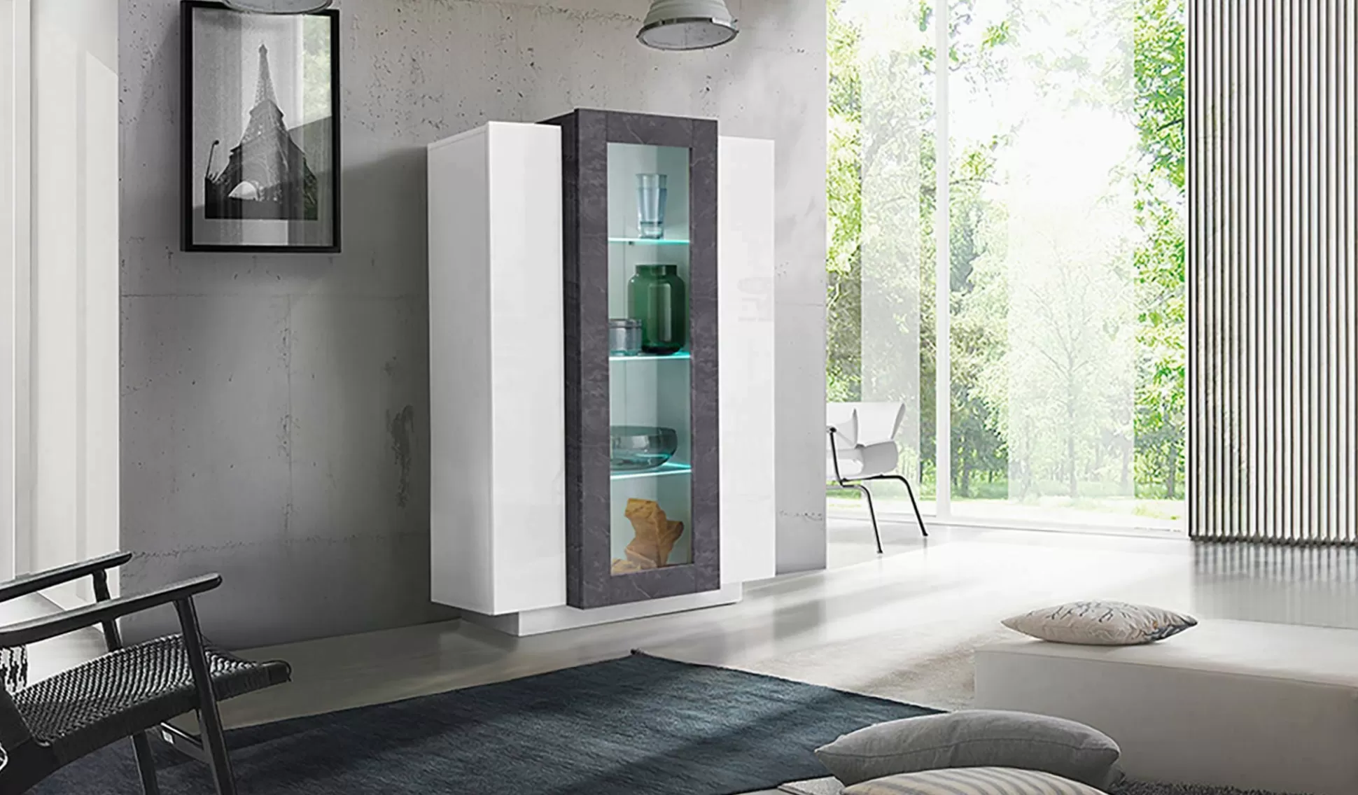 Dmora Vetrine<Vetrina Ablaze, cm 80x38h121, Bianco lucido e Ardesia