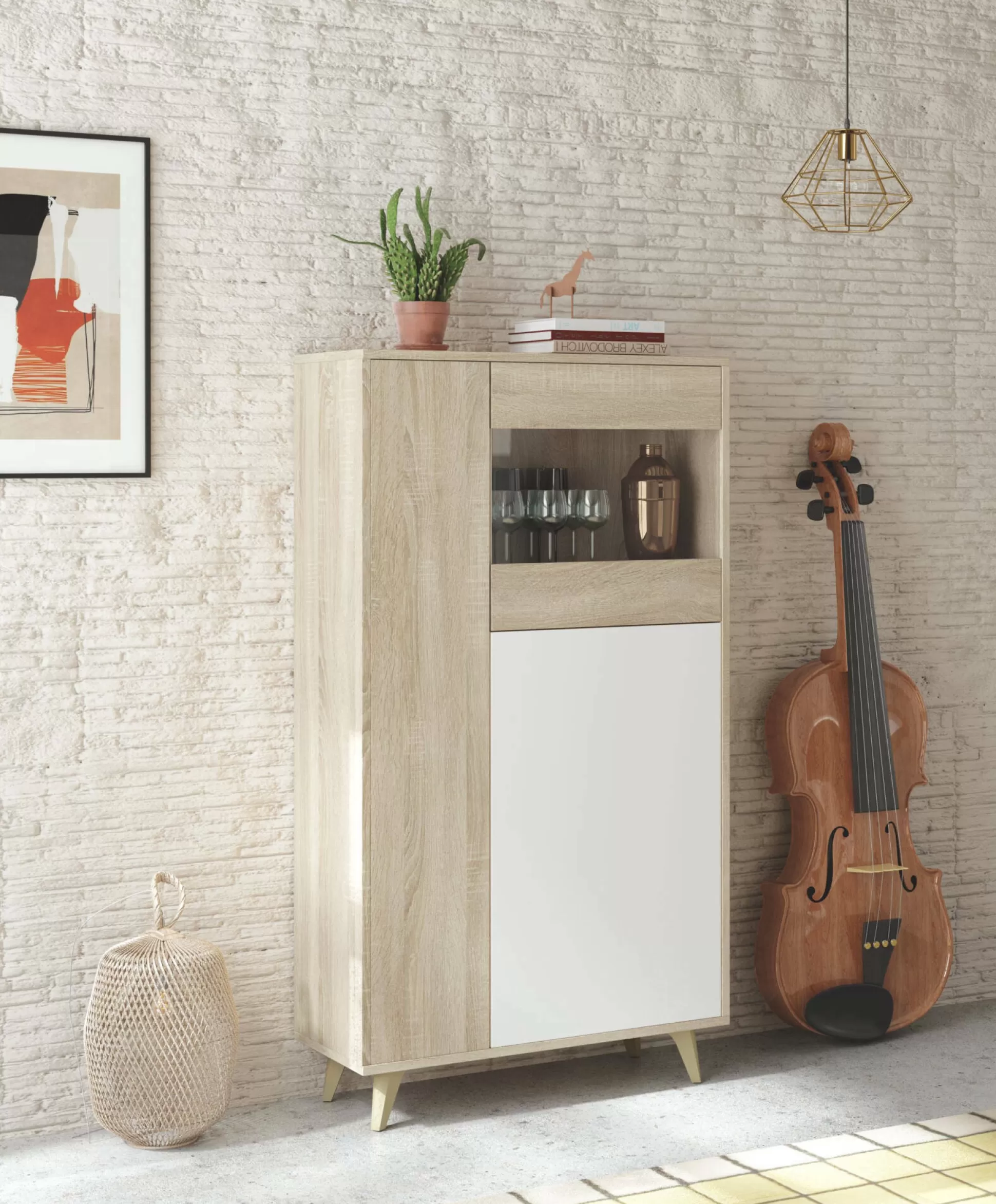 Dmora Vetrine<Vetrina Altavista, 77x33h142 cm, Rovere e Bianco