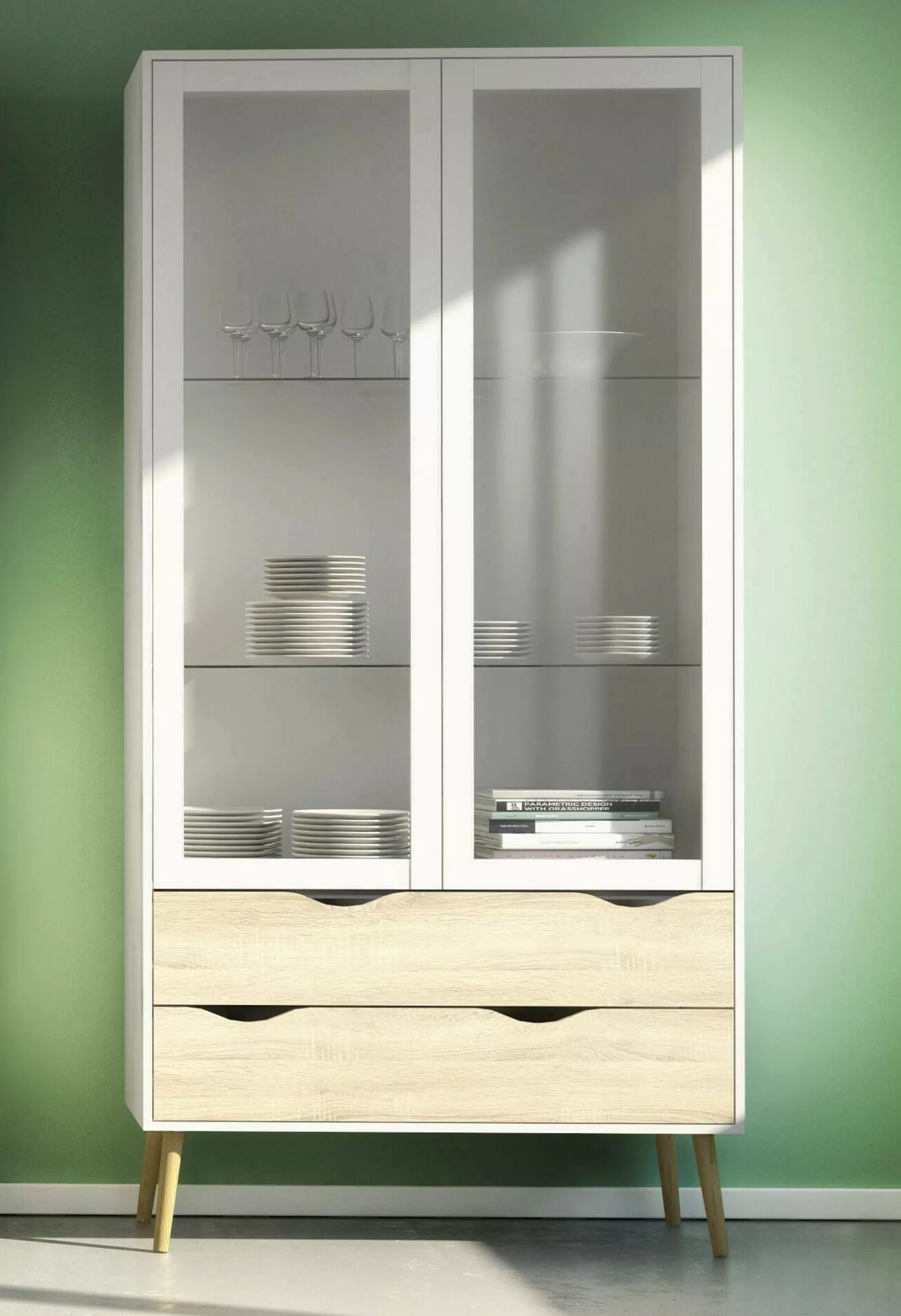 Dmora Vetrine<Vetrina Amedeo, 98x39 h200 cm, Bianco e Quercia