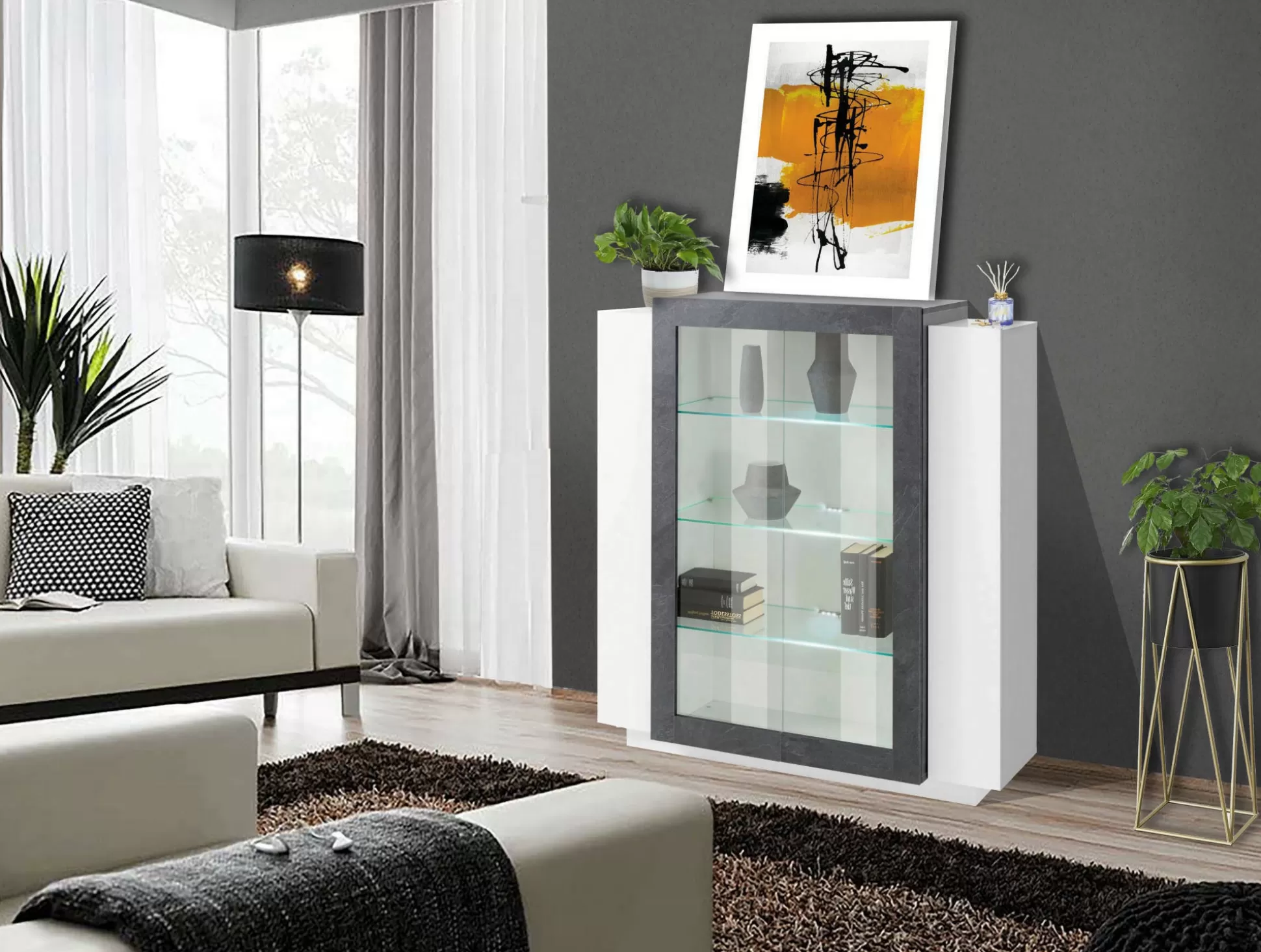 Dmora Vetrine<Vetrina Austino, cm 120x45h115, Bianco lucido e Ardesia