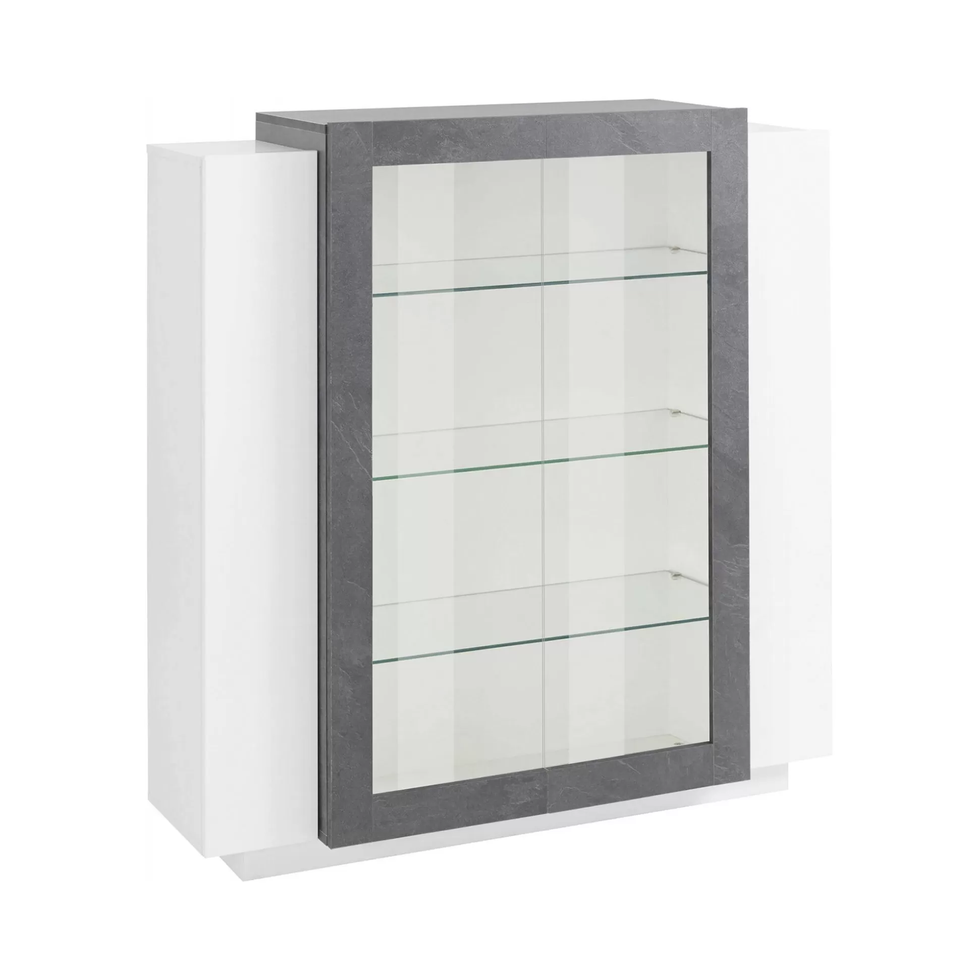 Dmora Vetrine<Vetrina Austino, cm 120x45h115, Bianco lucido e Ardesia