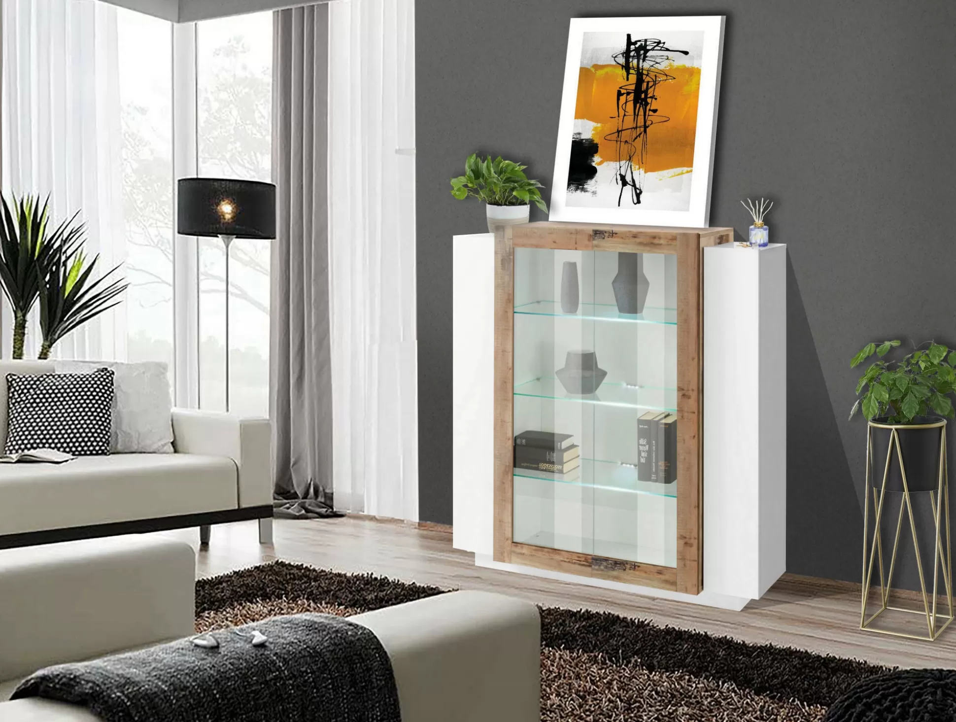 Dmora Vetrine<Vetrina Dlamagn, cm 120x45h115, Bianco lucido e Acero