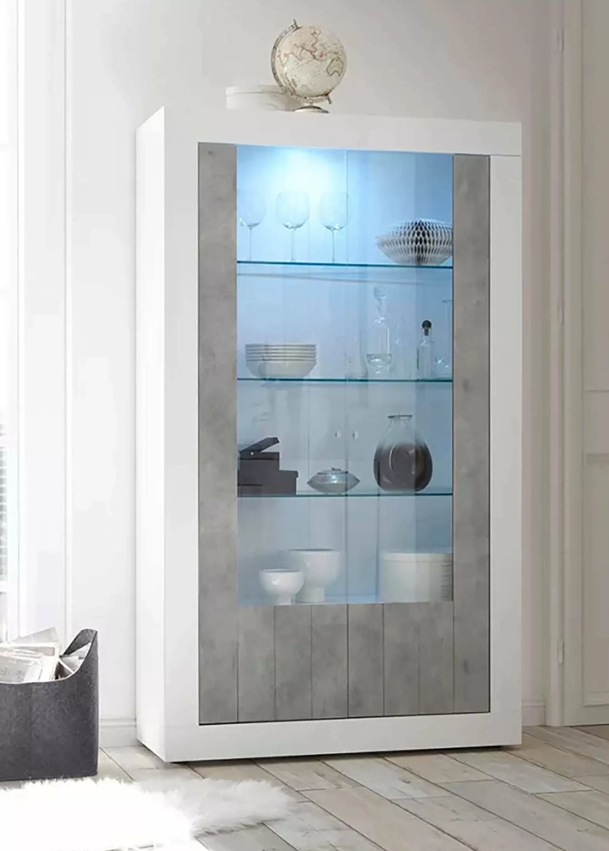 Dmora Vetrine<Vetrina Dporzingi, 110x42 h190 cm, Bianco lucido e Cemento