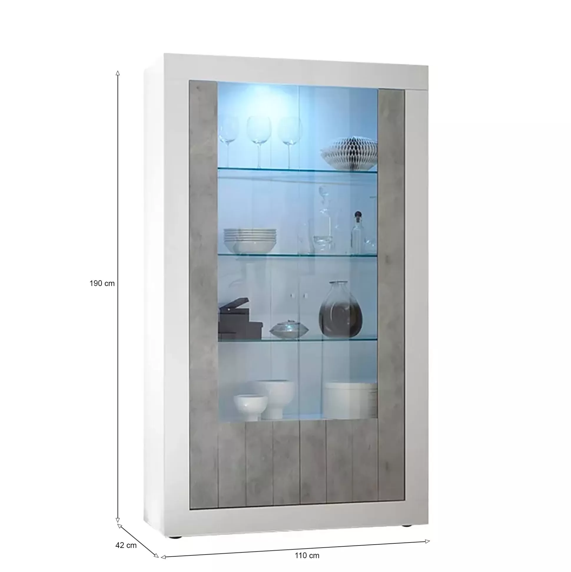 Dmora Vetrine<Vetrina Dporzingi, 110x42 h190 cm, Bianco lucido e Cemento