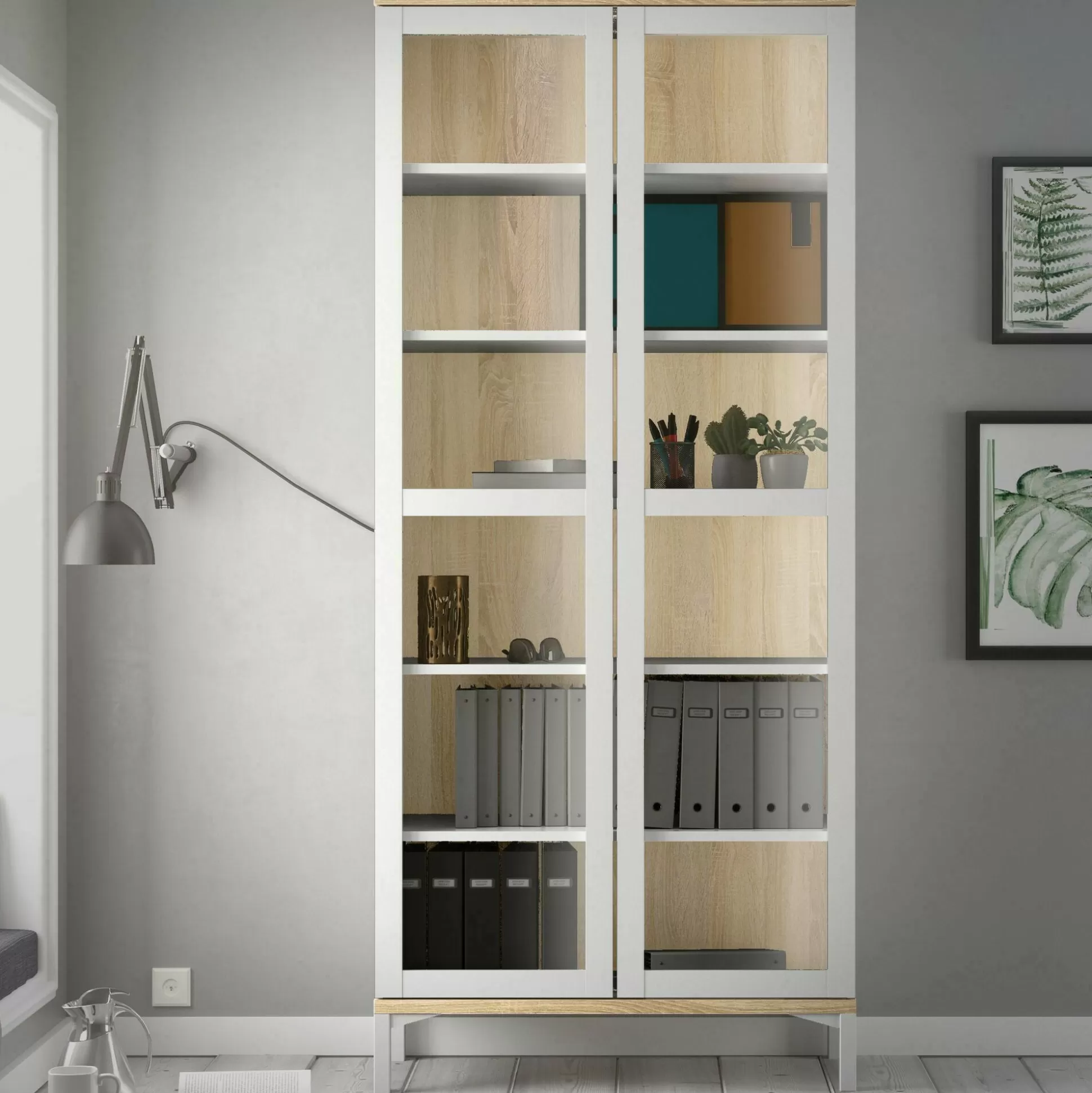 Dmora Vetrine<Vetrina Hudhud, 89x36 h203 cm, Bianco e Quercia