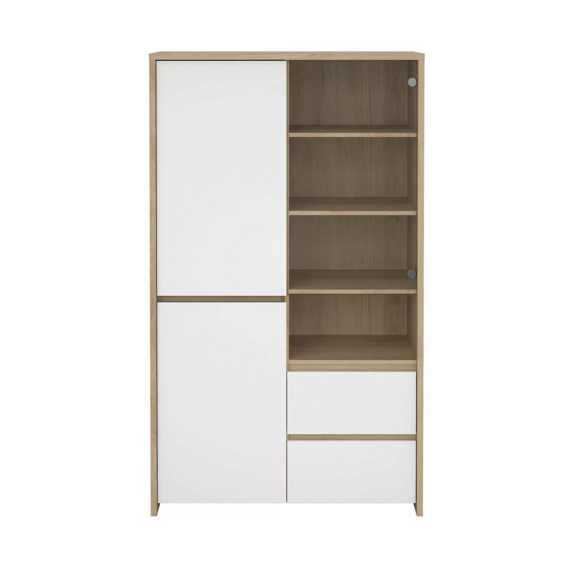 Dmora Vetrine<Vetrina Nadine, Credenza espositiva, Vetrinetta multiuso, Madia da soggiorno, 48x100 h170 cm, Rovere e Bianco