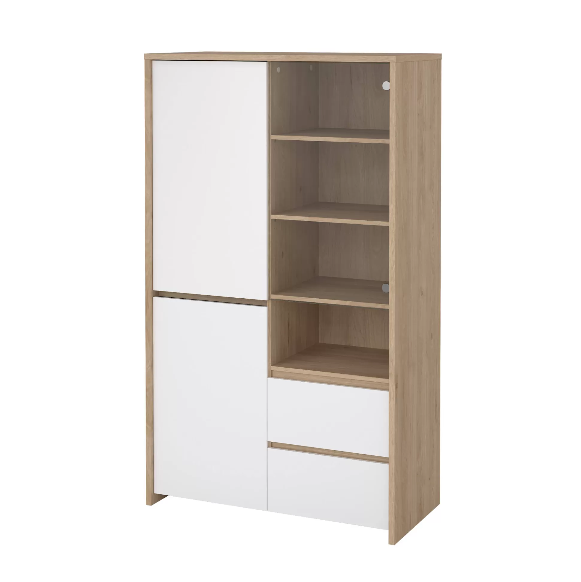 Dmora Vetrine<Vetrina Nadine, Credenza espositiva, Vetrinetta multiuso, Madia da soggiorno, 48x100 h170 cm, Rovere e Bianco